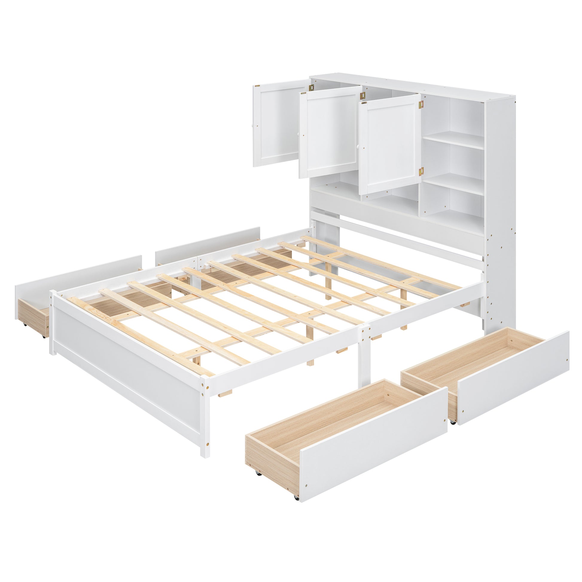 Queen Size Platform Bed With Storage Headboard And 4 Drawers, White Box Spring Not Required Queen White Wood Bedroom Bed Frame Solid Wood Mdf