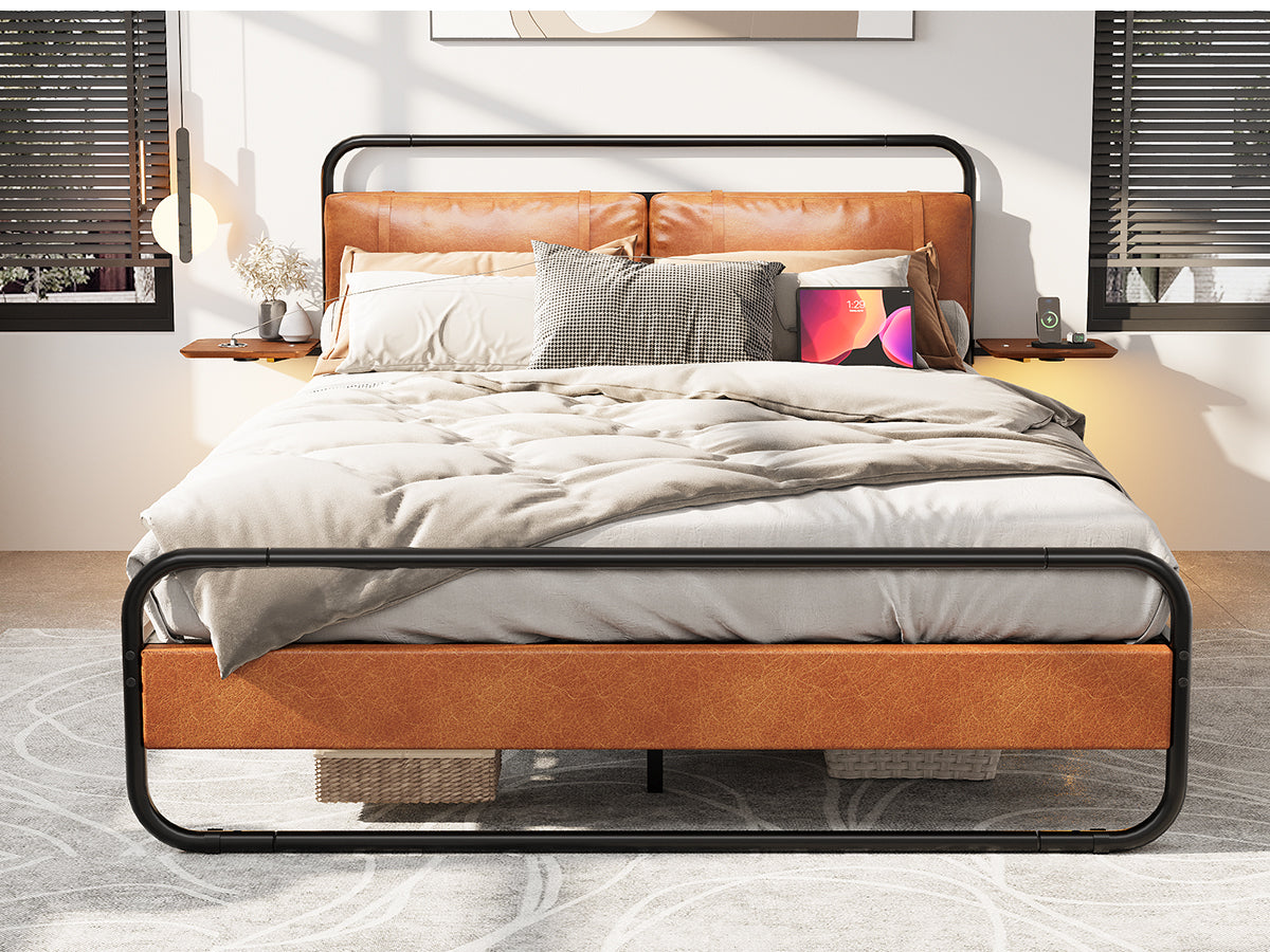 King Size Metal Bed Frame With Upholstered Headboard, With Wireless Charging And Usb A & Usb C, Touch Led Light,Oval Shaped Platform Bed With Under Bed Storage, No Box Spring Needed, Vintage Brown Box Spring Not Required King Antique Brown Metal Bedroom