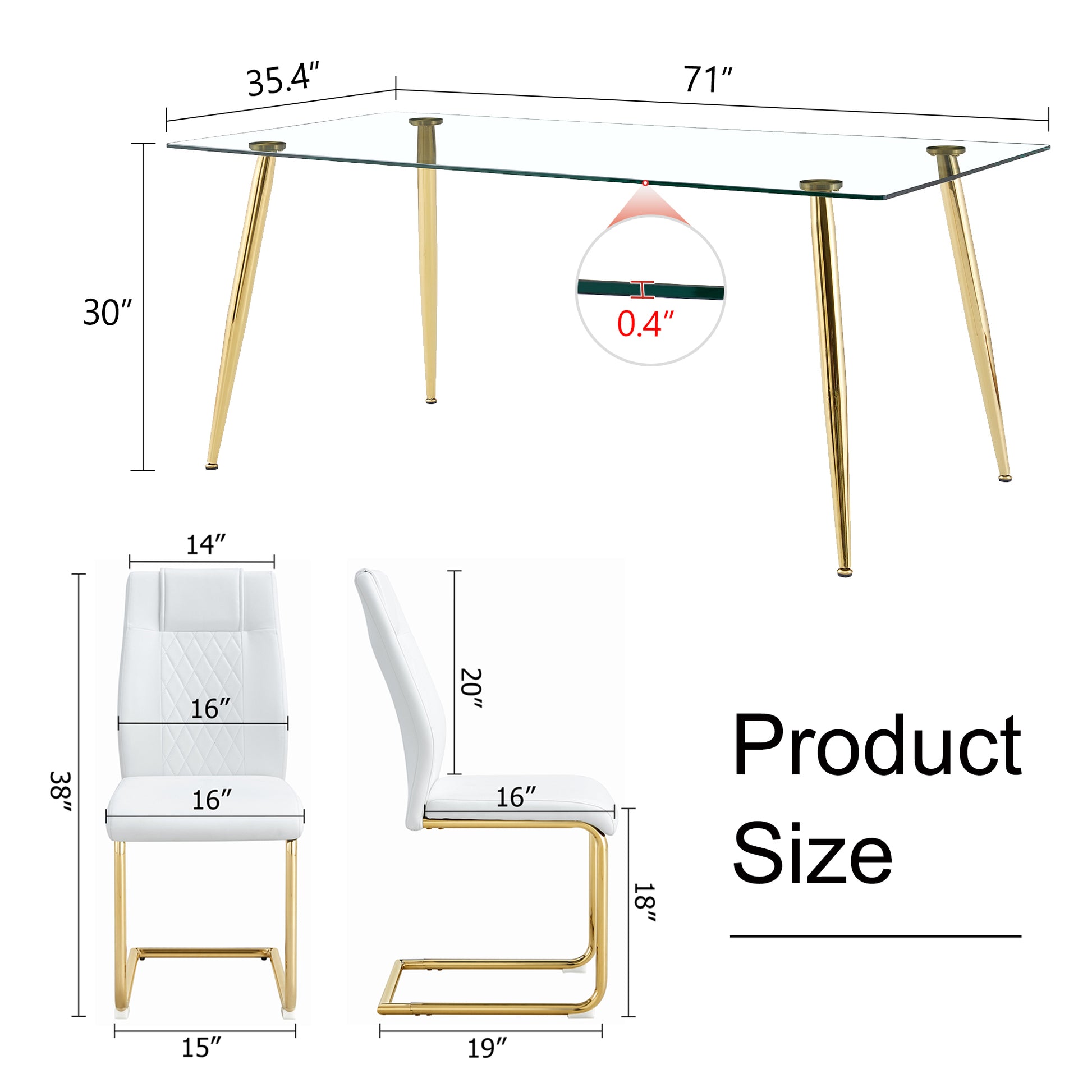 Table And Chair Set.Modern Rectangular Glass Dining Table With A Tempered Glass Tabletop And Metal Legs, Paired With Multiple Chairs Designed With Pu Cushions And Golden Metal Legs. White Gold Seats 6 Tempered Glass