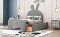 Twin Size Velvet Platform Bed With Rabbit Shaped Headboard, With Drawers, With Bed End Storage Pocket, Gray Twin Gray Plywood