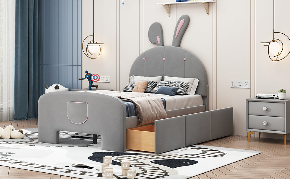 Twin Size Velvet Platform Bed With Rabbit Shaped Headboard, With Drawers, With Bed End Storage Pocket, Gray Twin Gray Plywood