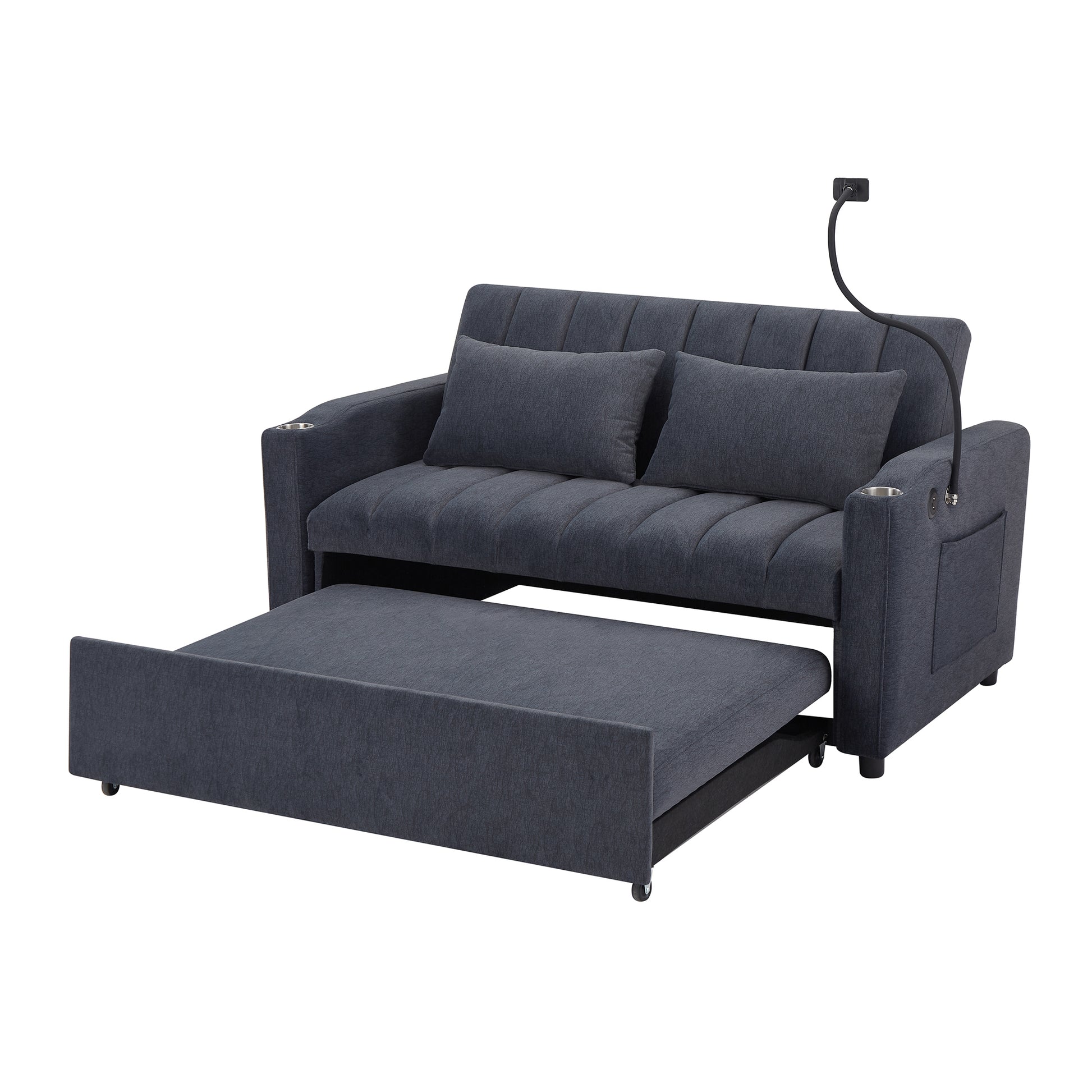 55.9" Convertible Sofa Bed Loveseat Sofa With Three Usb Ports, Two Side Pockets, Two Cup Holders And 360 Swivel Phone Holder For Living Room, Blue Grey Blue Gray Foam Polyester