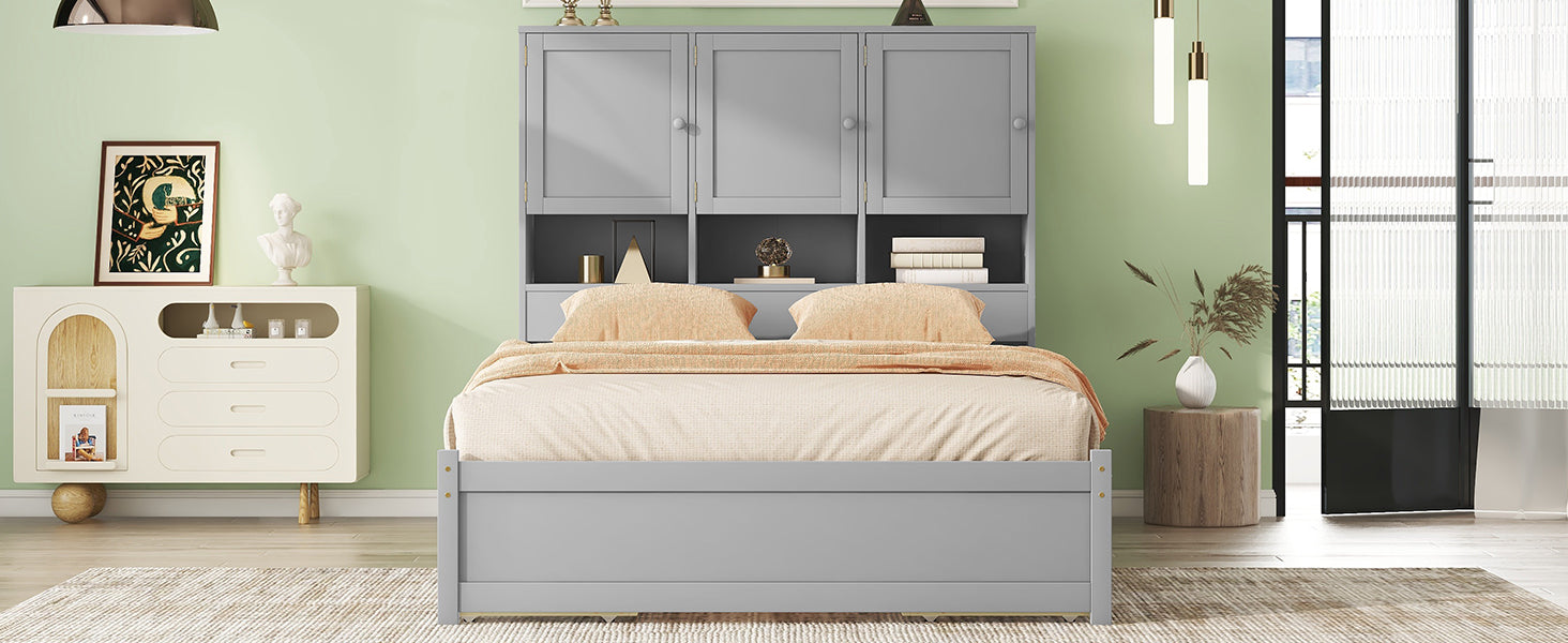 Queen Size Platform Bed With Storage Headboard And 4 Drawers, Gray Box Spring Not Required Queen Gray Wood Bedroom Bed Frame Solid Wood Mdf