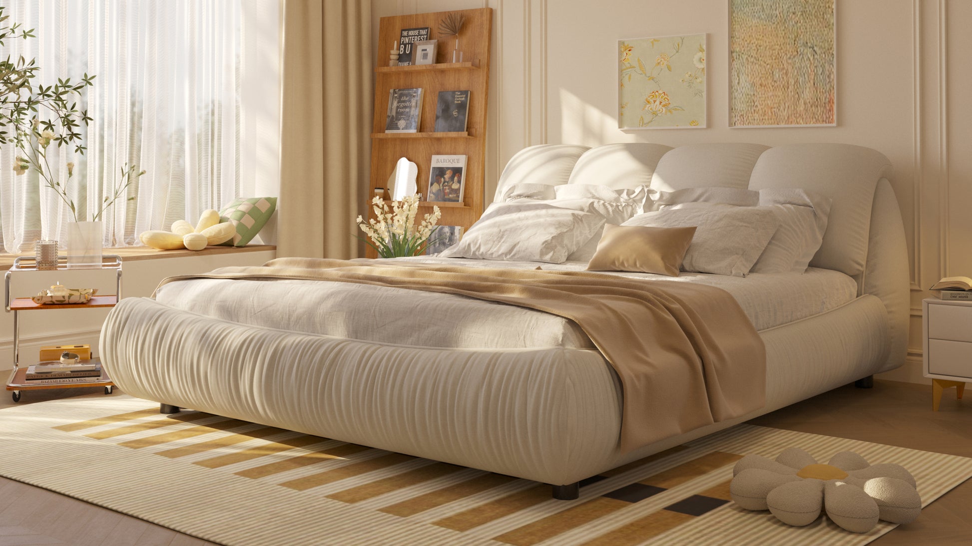 King Size Luxury Upholstered Platform Bed With Oversized Padded Backrest And Solid Wood Frame,Suitable For Multiple Heights Of Mattresses,Beige Old Sku:W1885S00015 Box Spring Not Required King Beige Wood Pine Solid Wood