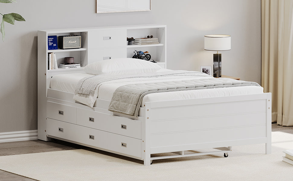 Full Size Captain Bed With Storage Bookcase Headboard,Captain Bed With Trundle And Three Storage Drawers For Kids Teens Dorm Bedroom Multipurpose Guest Room Or Home, White Box Spring Not Required Full White Wood Solid Wood Mdf