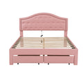 Queen Size Upholstered Platform Bed With Tufted Headboard, Led And 2 Drawers, Pink Box Spring Not Required Queen Pink Wood Bathroom Bed Frame Faux Leather Upholstered