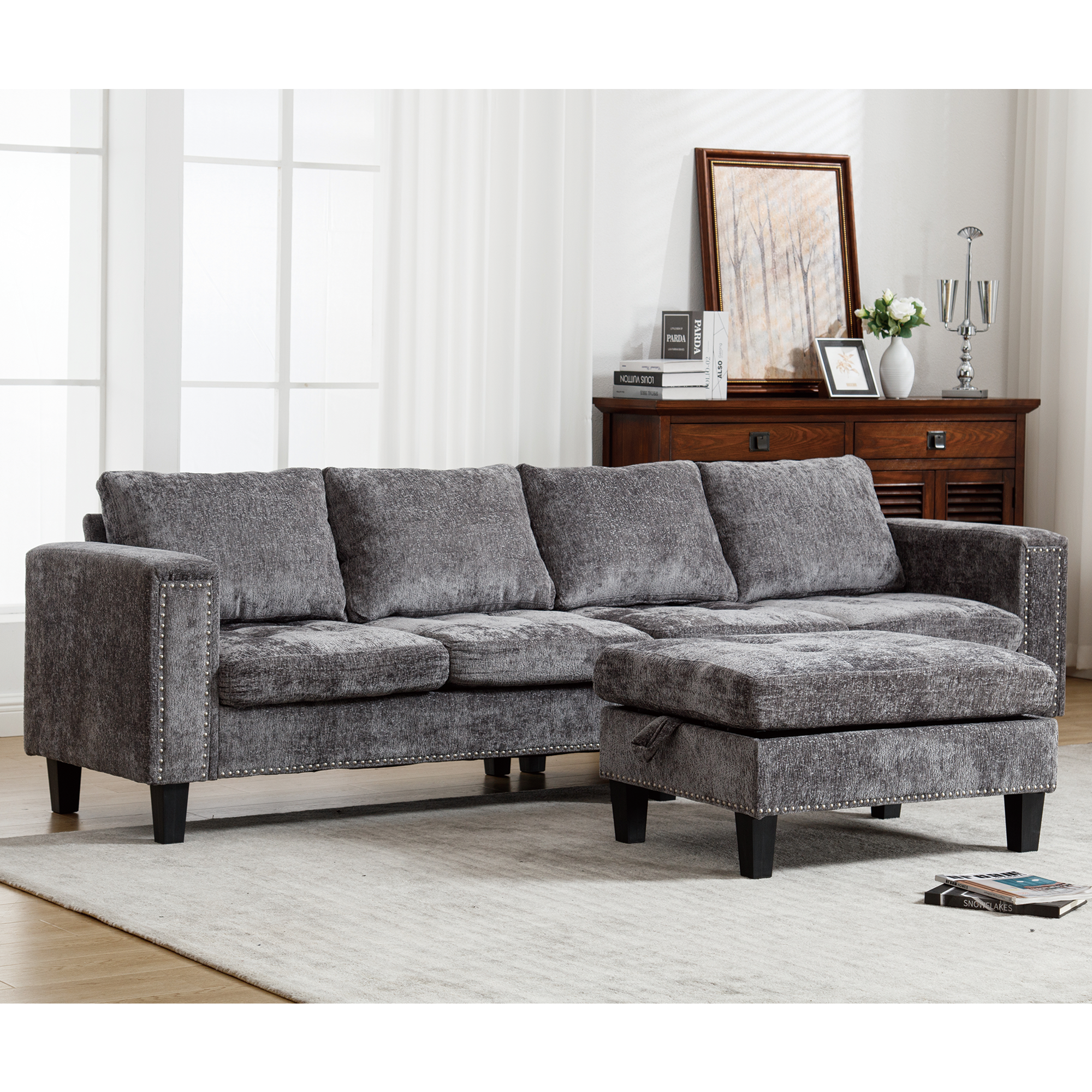 Arrived 5 Seat Modular Sofa,With Storage Ottoman, Convertible Sectional Sofa, L Shaped Couchreversible Chaise ,Riveted Sofa,Chenille, Gray Gray Polyester Wood Primary Living Space Medium Soft Cushion Back Modern Square Arms Foam Metal & Wood 5 Seat
