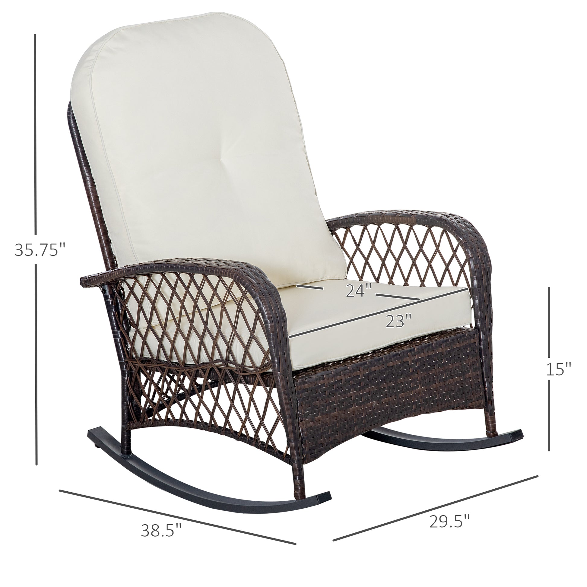 Outsunny Outdoor Wicker Rocking Chair With Wide Seat, Thick, Soft Cushion, Rattan Rocker W Steel Frame, High Weight Capacity For Patio, Garden, Backyard, Cream White Cream White Polyester