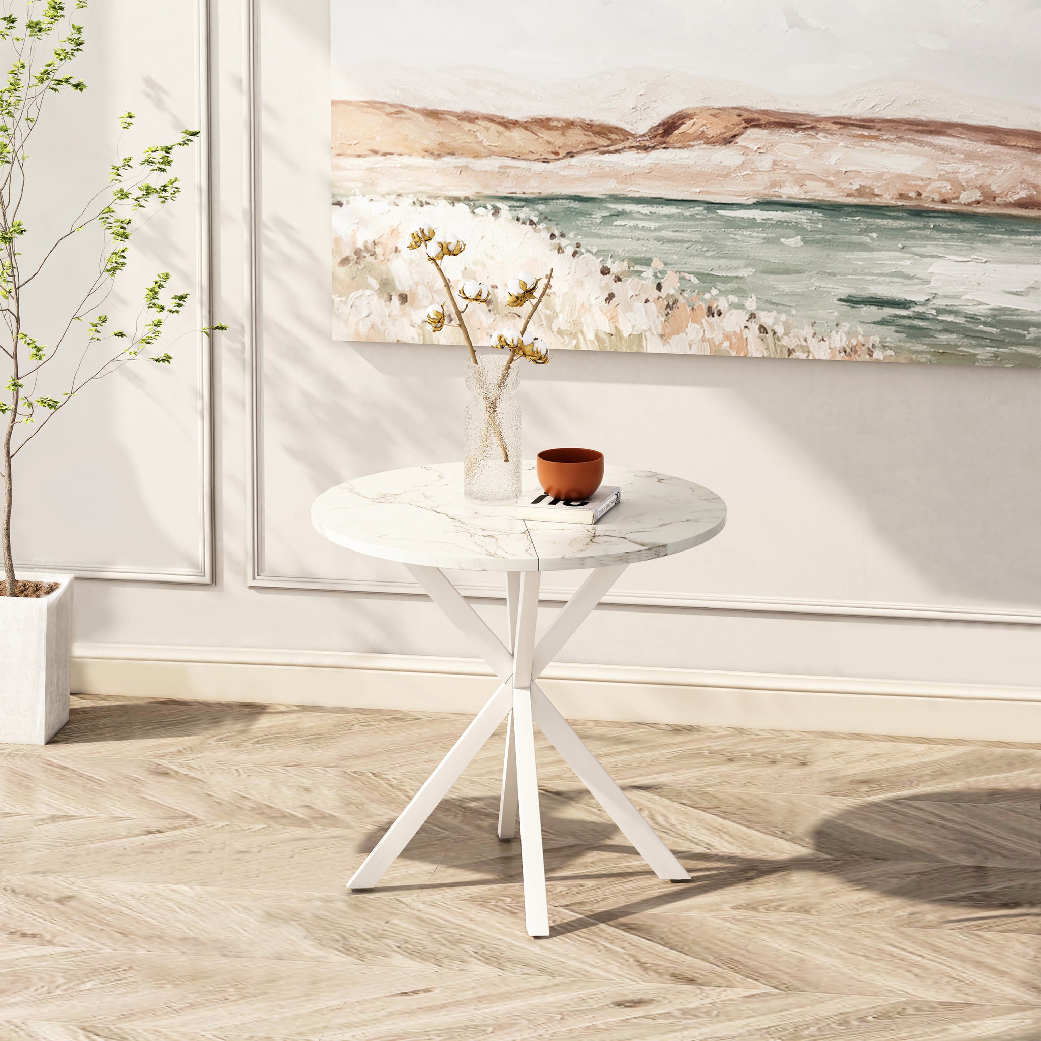 31.5'' Modern Cross Leg Round Dining Table, White Marble Top Occasional Table, Two Piece Removable Top, Matte Finish Iron Legs White Mdf Metal