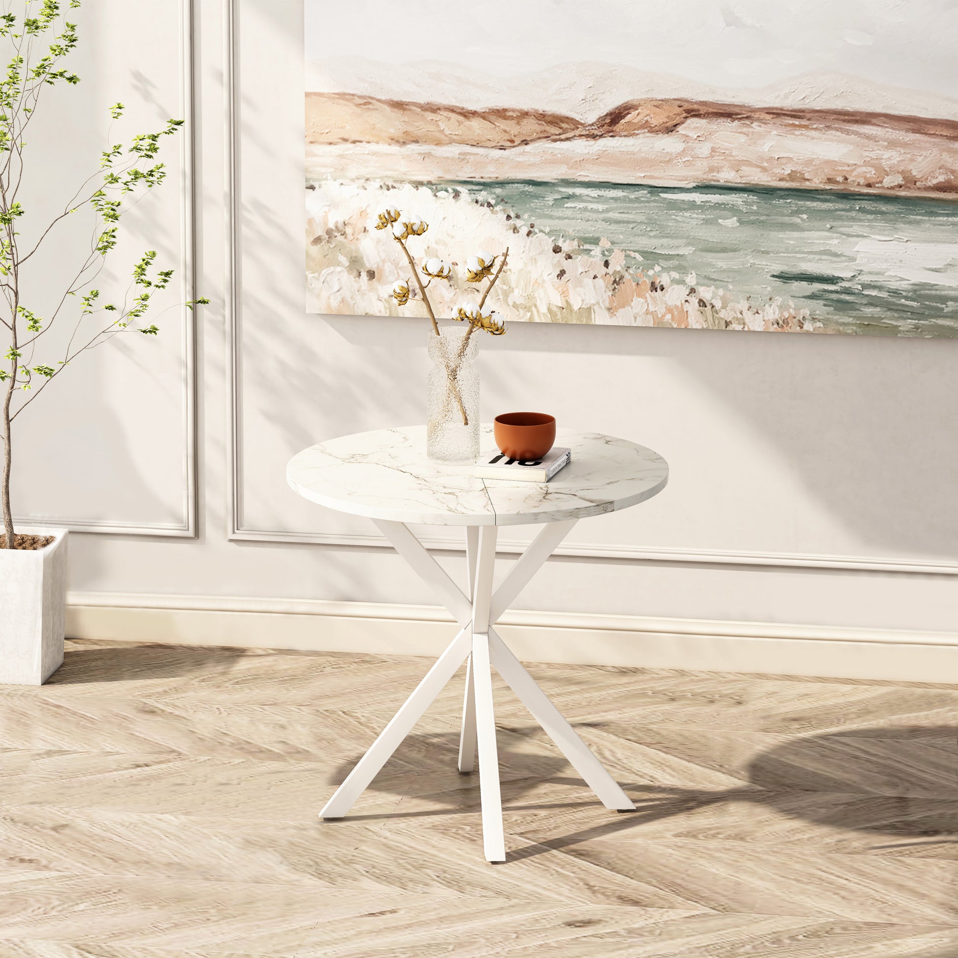 31.5'' Modern Cross Leg Round Dining Table, White Marble Top Occasional Table, Two Piece Removable Top, Matte Finish Iron Legs White Mdf Metal