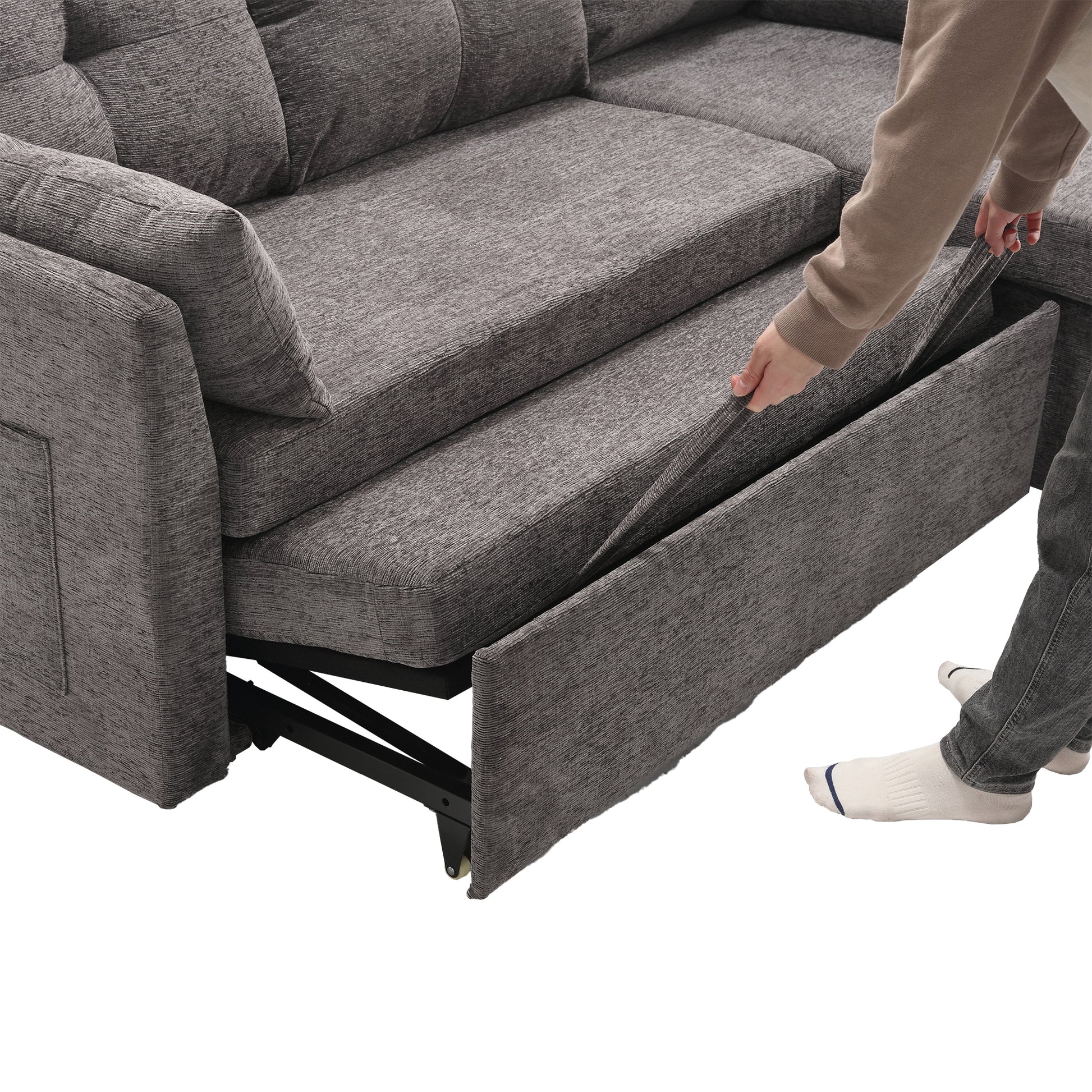 United We Win Furniture, Modular L Shaped Sofa, Modular Long Sofa With Reversible Chaise Lounge, Sofa Bed, Sleeper Sofa, Modular Sofa Combination With Storage Seats. Dark Gray Chenille 3 Seat