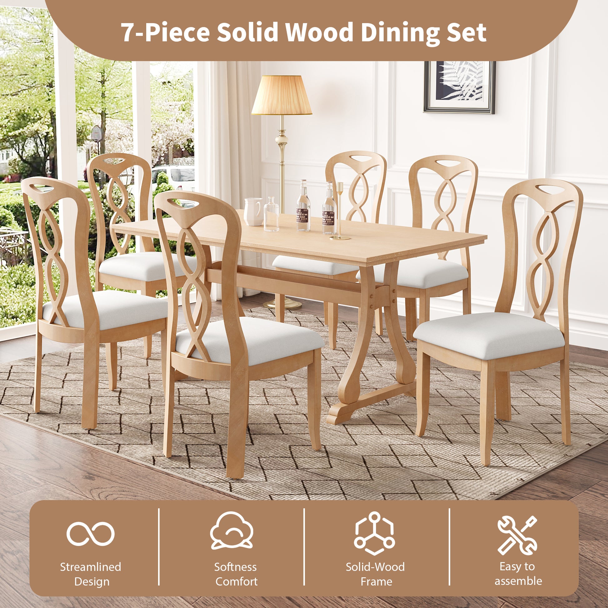 Retro 7 Piece Trestle Dining Table Set With Upholstered Dining Chairs, Smooth Dining Backs For Dining Room, Living Room, Kitchen, Natural Upholstered Chair Wood Natural Beige Seats 6 Wood Dining Room Solid Wood Rubberwood Trestle Rectangular Foam Dining