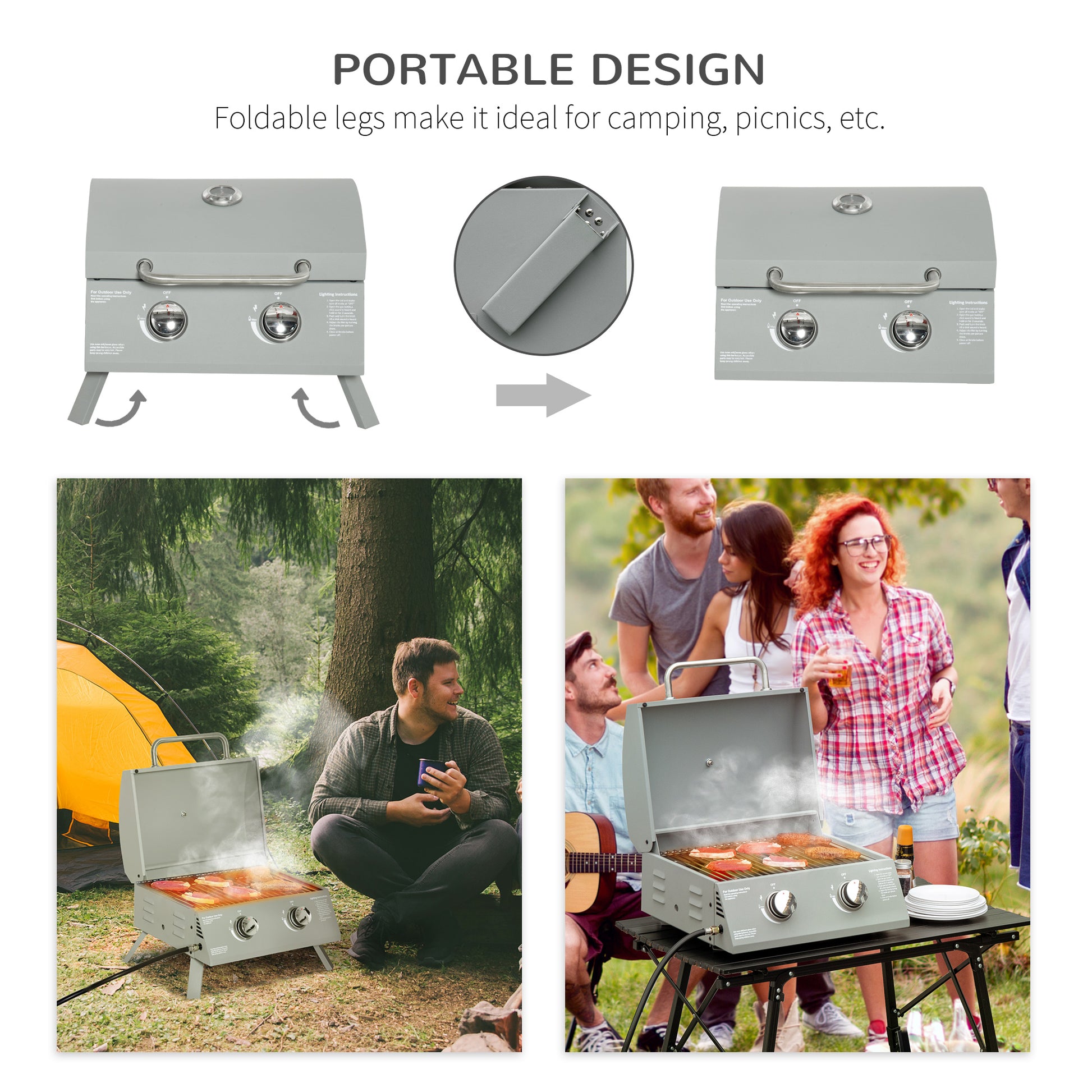 Outsunny 2 Burner Propane Gas Grill Outdoor Portable Tabletop Bbq With Foldable Legs, Lid, Thermometer For Camping, Picnic, Backyard, Light Grey Light Grey Steel
