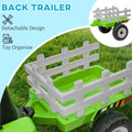 Aosom 12V Ride On Tractor With Trailer, 25W Dual Motors, Battery Powered Electric Tractor With Remote Control, Music Startup Sound And Horn, Led Lights, Green Green Plastic