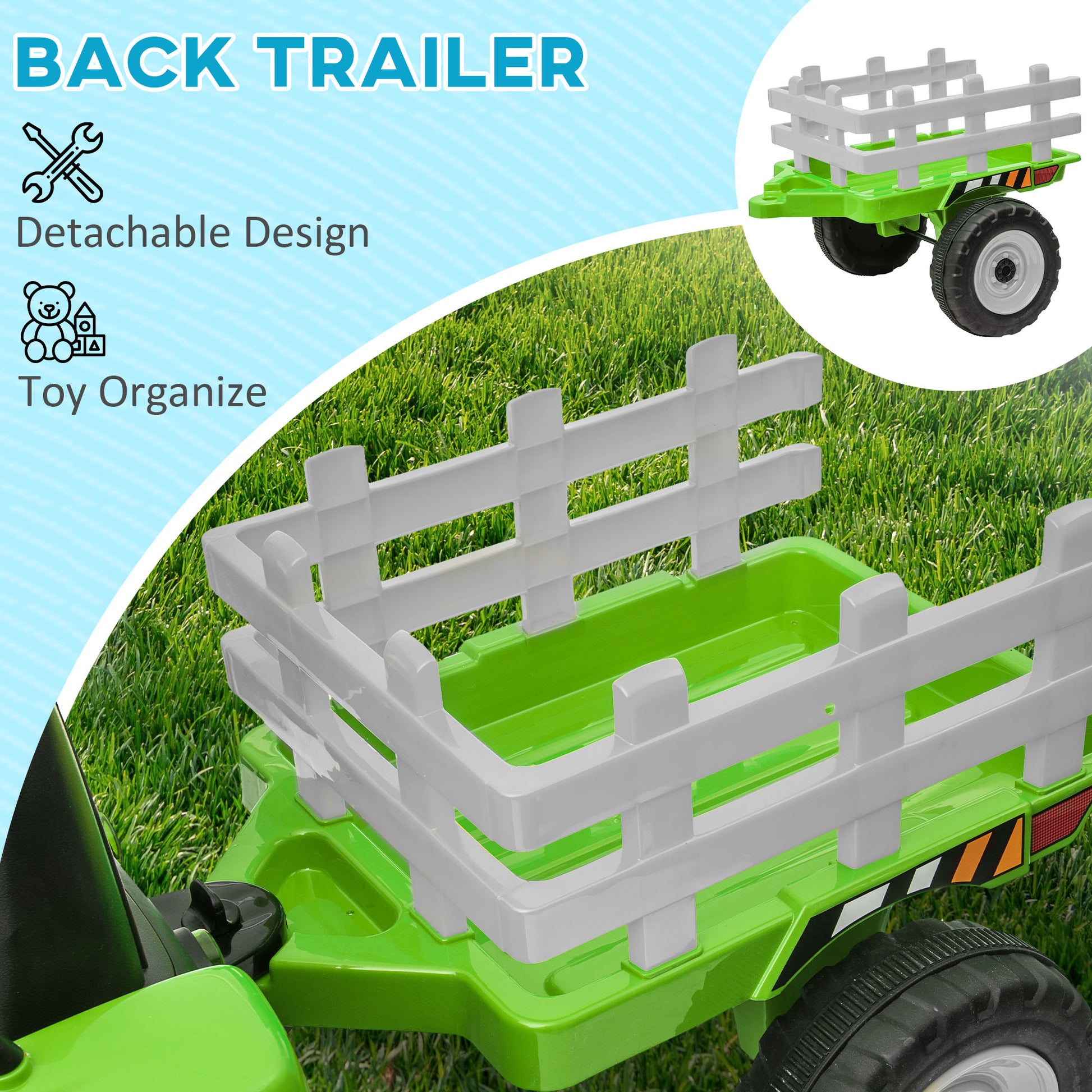 Aosom 12V Ride On Tractor With Trailer, 25W Dual Motors, Battery Powered Electric Tractor With Remote Control, Music Startup Sound And Horn, Led Lights, Green Green Plastic