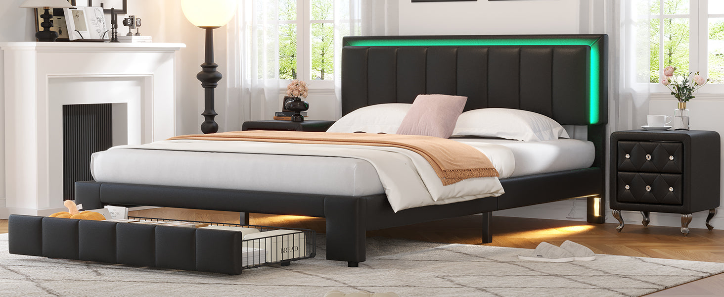 3 Pieces Bedroom Sets,Queen Size Upholstered Bed With Led Lights And Two Motion Activated Night Lights,Pu Nightstand With 2 Drawers And Crystal Handle,Black Queen Black 3 Piece Set Wood