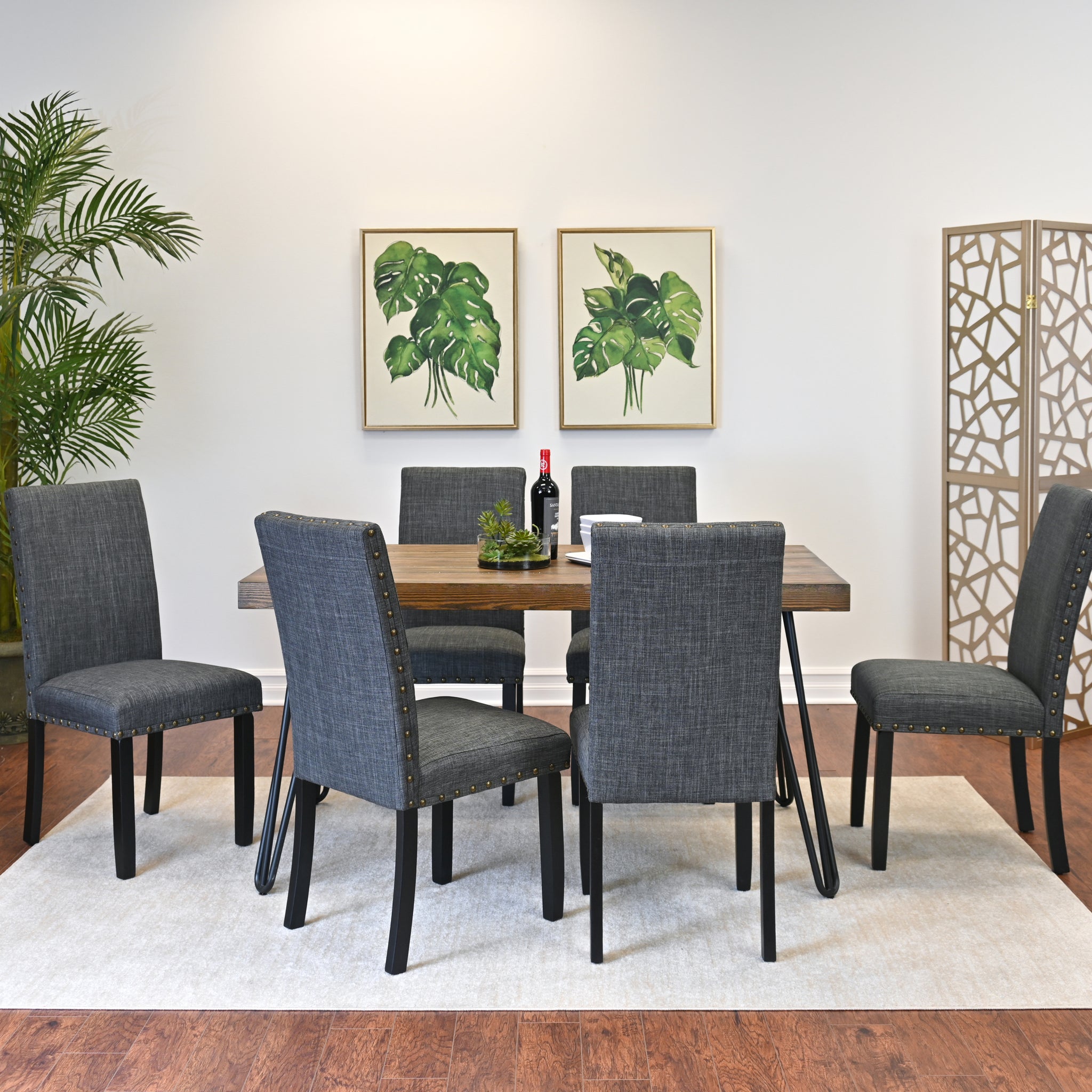 Amisos 7 Piece Dining Set, Hairpin Dining Table With 6 Chairs, 3 Color Options Wood Wood Brown Seats 6 Metal Dining Room Fixed Table Rectangular 4 Leg Rectangular Dining Table With Chair Mdf