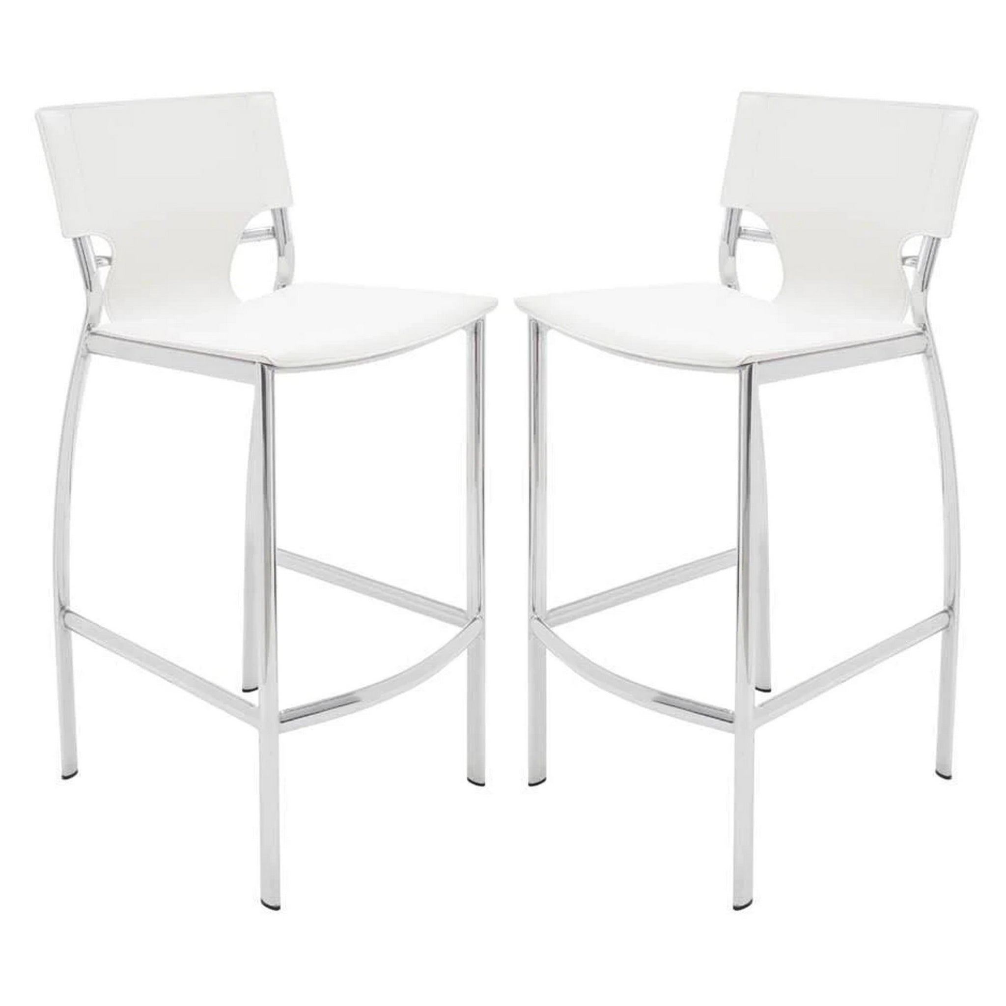 Illa 26 Inch Counter Height Chair, Set Of 2, Chrome Base, Vegan Leather, White White Metal
