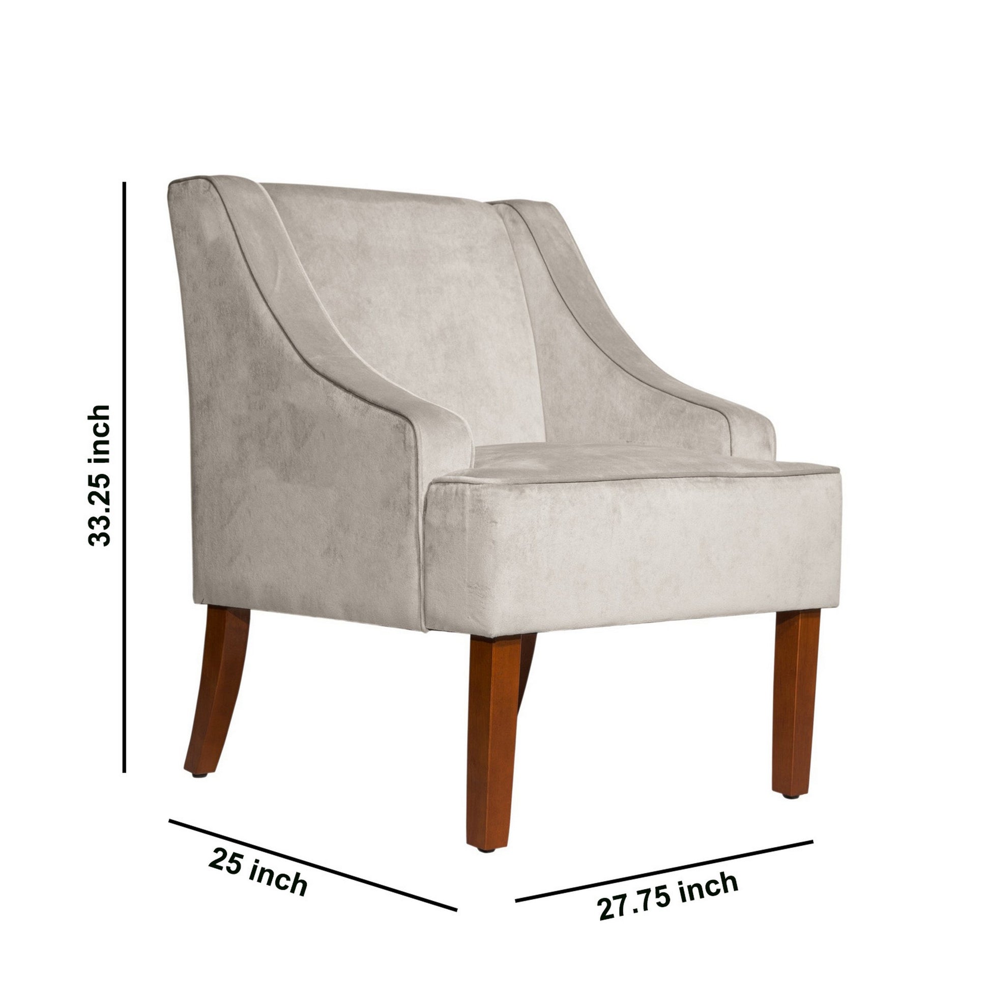 Velvet Fabric Upholstered Wooden Accent Chair With Swooping Armrests, Gray And Brown Light Gray Wood Fabric