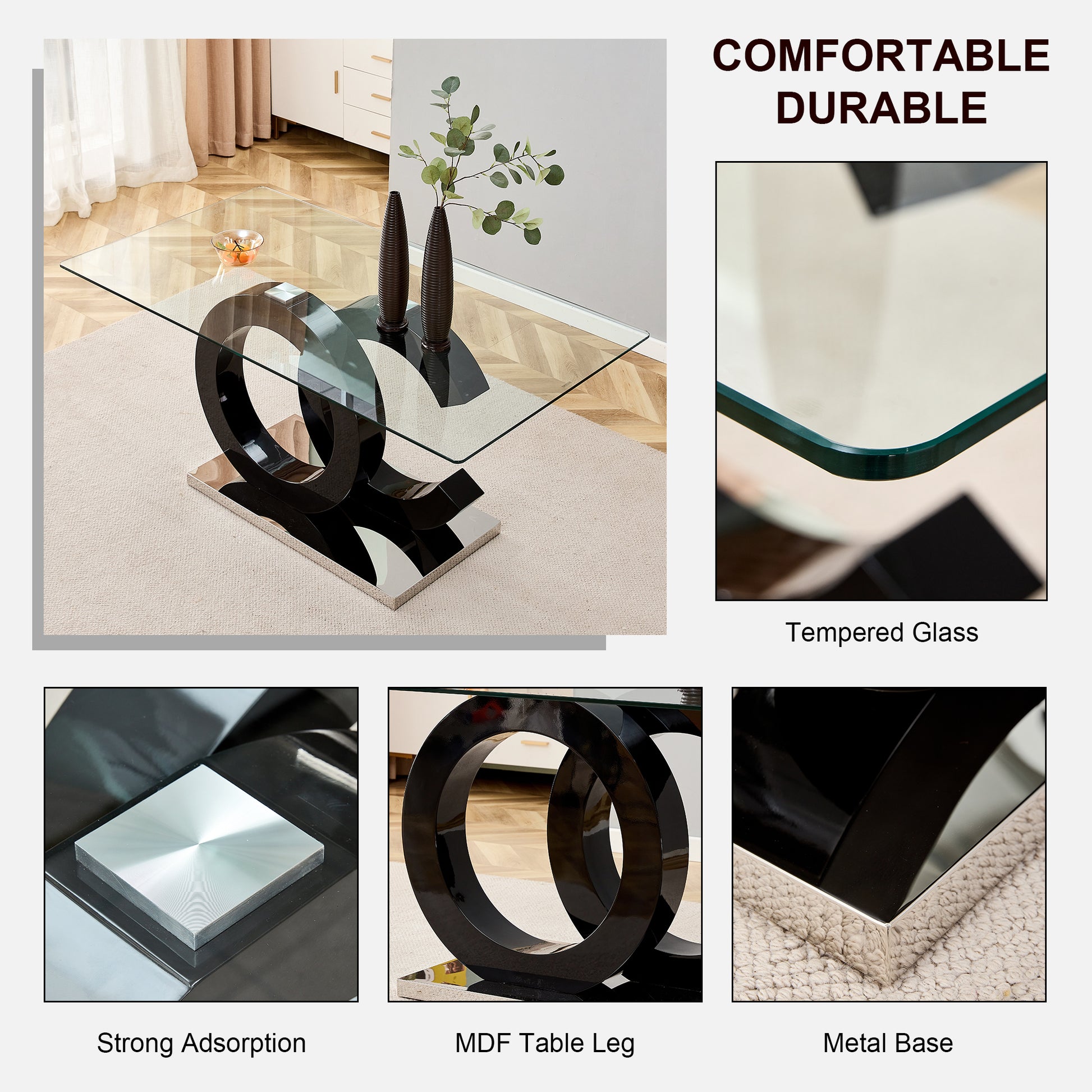 Table And Chair Set, Large Modern Minimalist Rectangular Glass Dining Table Suitable For 6 8 People, Equipped With 0.39 "Tempered Glass Tabletop, Mdf Oc Shaped Bracket, And Metal Base. Black Glass