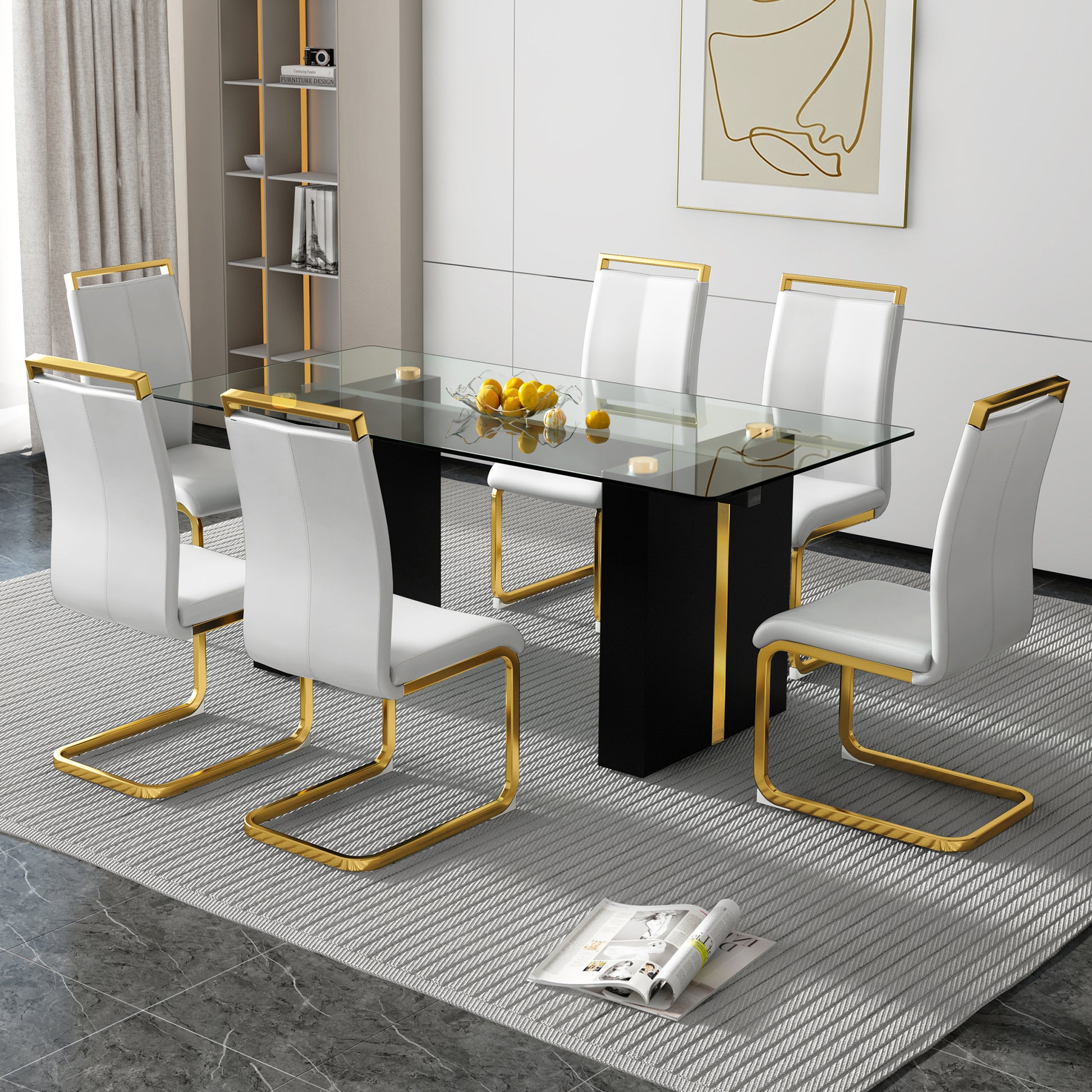Table And Chair Set, Large Modern Minimalist Rectangular Glass Table, Can Accommodate 6 8 People, Equipped With Tempered Glass Tabletop And Large Mdf Table Legs, Comfortable And Minimalist Chairs. Transparent Mdf Glass