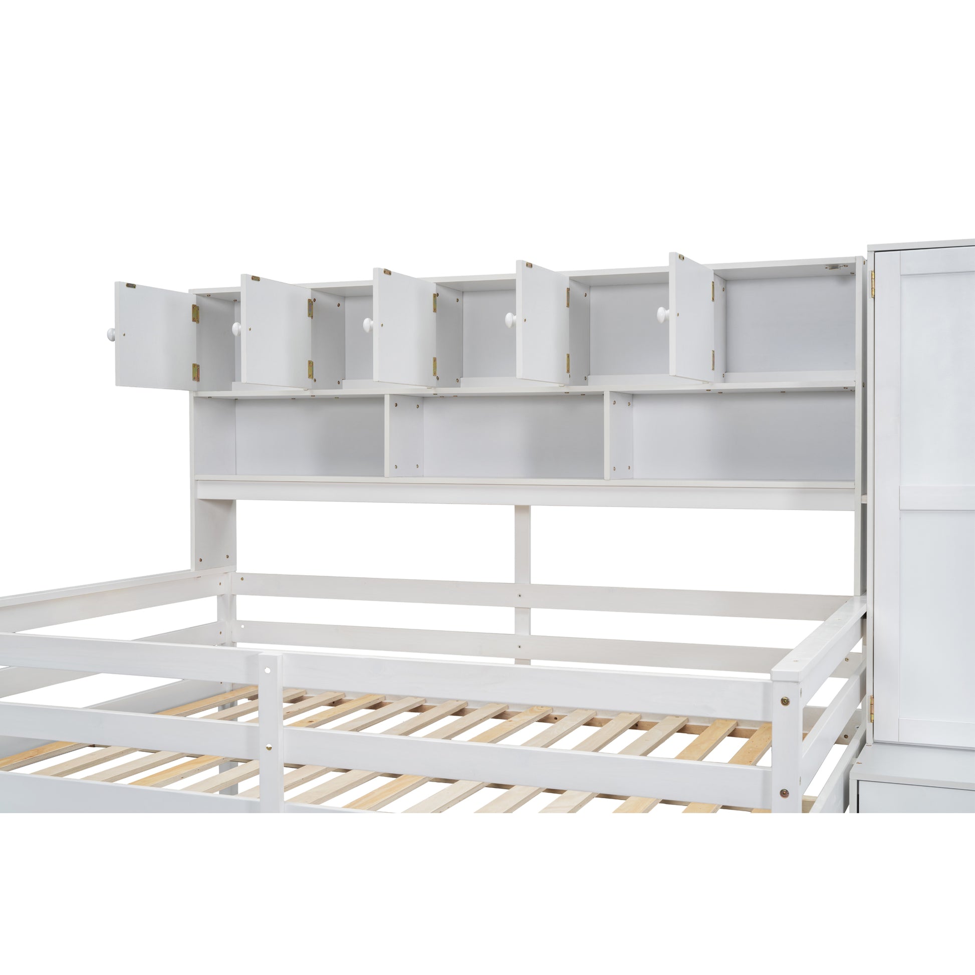 Full Size Wooden Loft Bed Big Storage With Under Bed Desk, With Drawers, With Shelves, White Full White Plywood