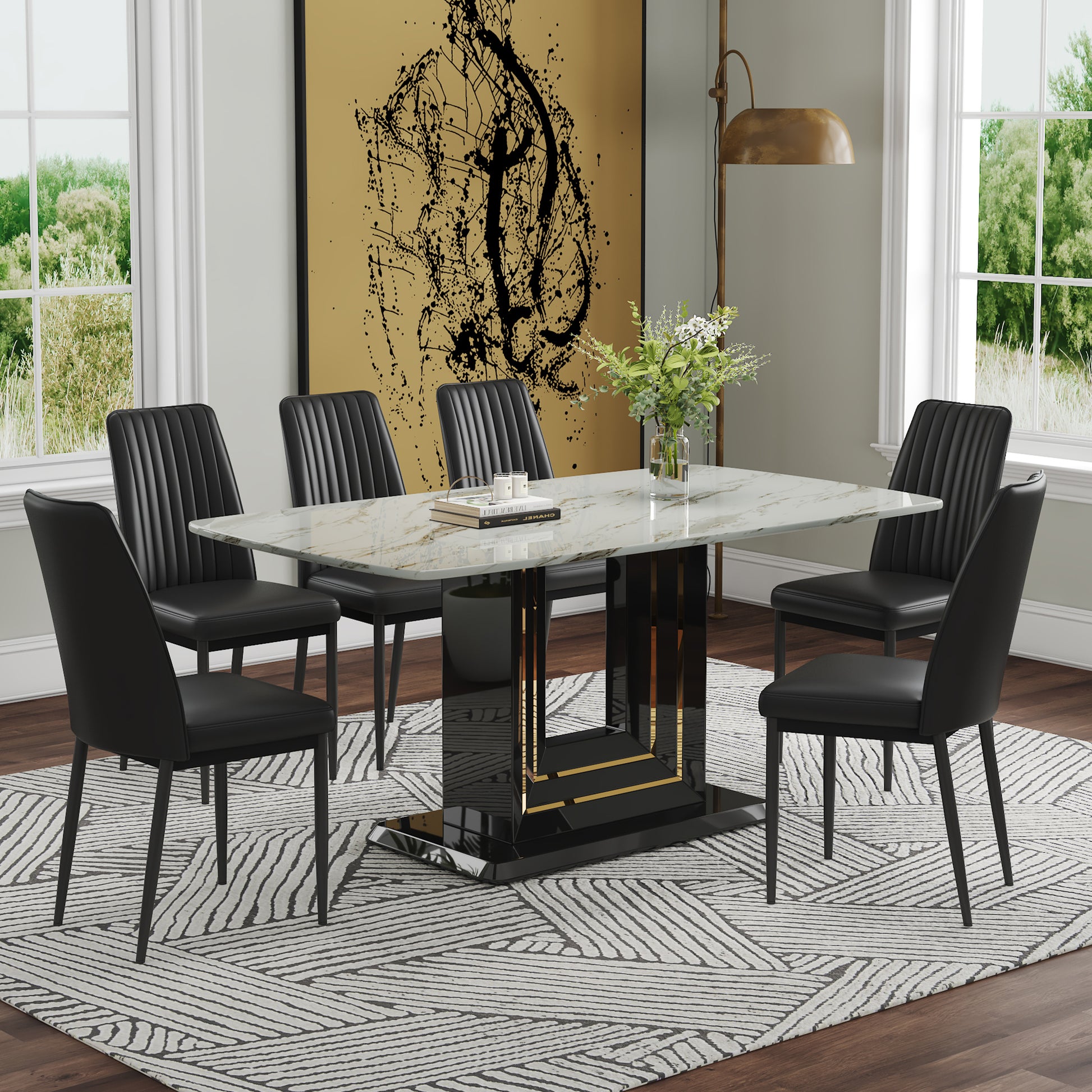 Modern Dining Table Set, 7 Piece Faux Marble Kitchen Table For 6 8, Glass Rectangular Dining Room Table With U Shaped Table Legs, Dining Table & 6 Chairs Metal Black Rectangular Mdf Glass