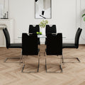 Modern Simple Rectangular Glass Dining Table, Solid Tempered Glass Tabletop, Electroplated Table Legs, Black Pu Dining Chair Set, Suitable For Restaurant Kitchen Use Set Of 7 Upholstered Chair Glass