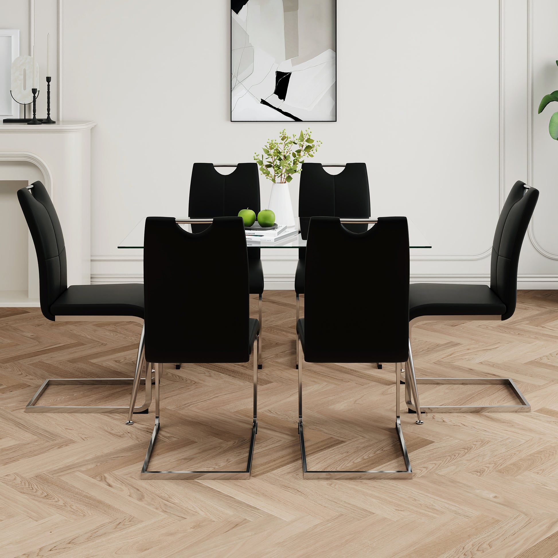 Modern Simple Rectangular Glass Dining Table, Solid Tempered Glass Tabletop, Electroplated Table Legs, Black Pu Dining Chair Set, Suitable For Restaurant Kitchen Use Set Of 7 Upholstered Chair Glass