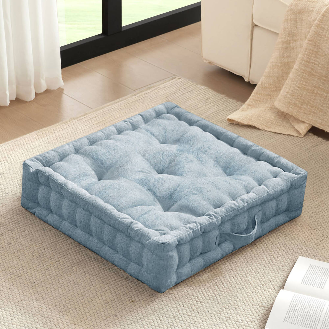 Poly Chenille Square Floor Pillow Cushion 24X24" Aqua Blue Polyester