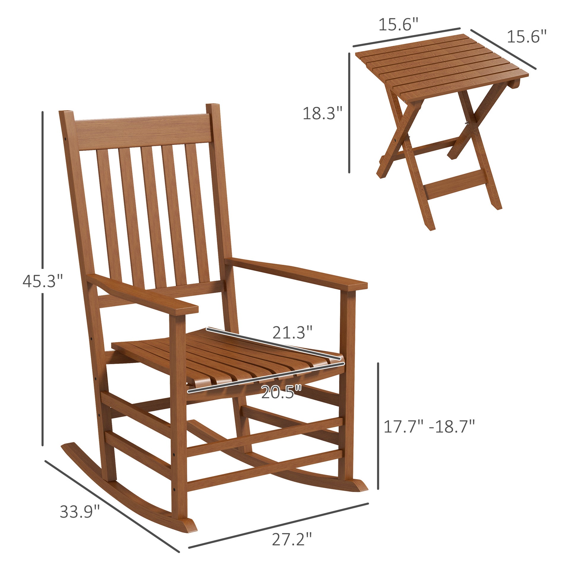Outsunny Outdoor Rocking Chair Set Of 2 With Side Table, Patio Wooden Rocking Chair With Smooth Armrests, High Back For Garden, Balcony, Porch, Supports Up To 352 Lbs., Teak Natural Wood