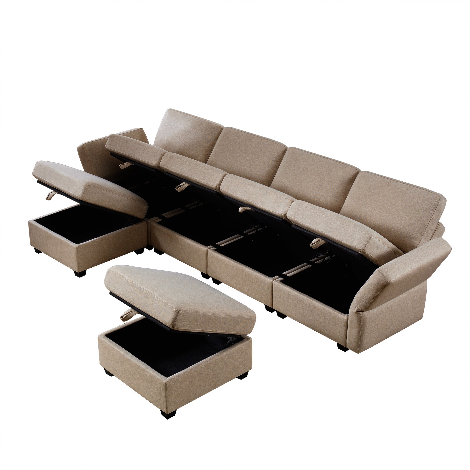 Adjustable Arms And Backs Modern U Shape Linen Couch Modular Sectional Sofa Couch With Storage Seat, Large Convertible Sofa With Reversible Chaise For Living Room Apartment Office, Brown Brown Polyester 4 Seat