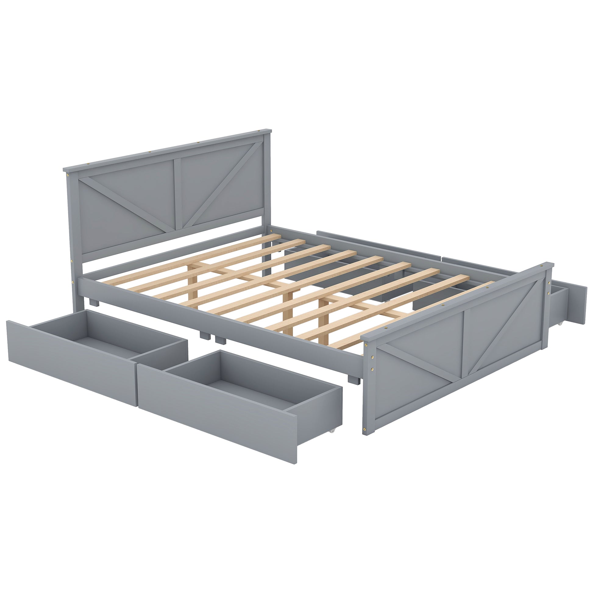 Queen Size Wooden Platform Bed With Four Storage Drawers And Support Legs, Gray Queen Gray Pine