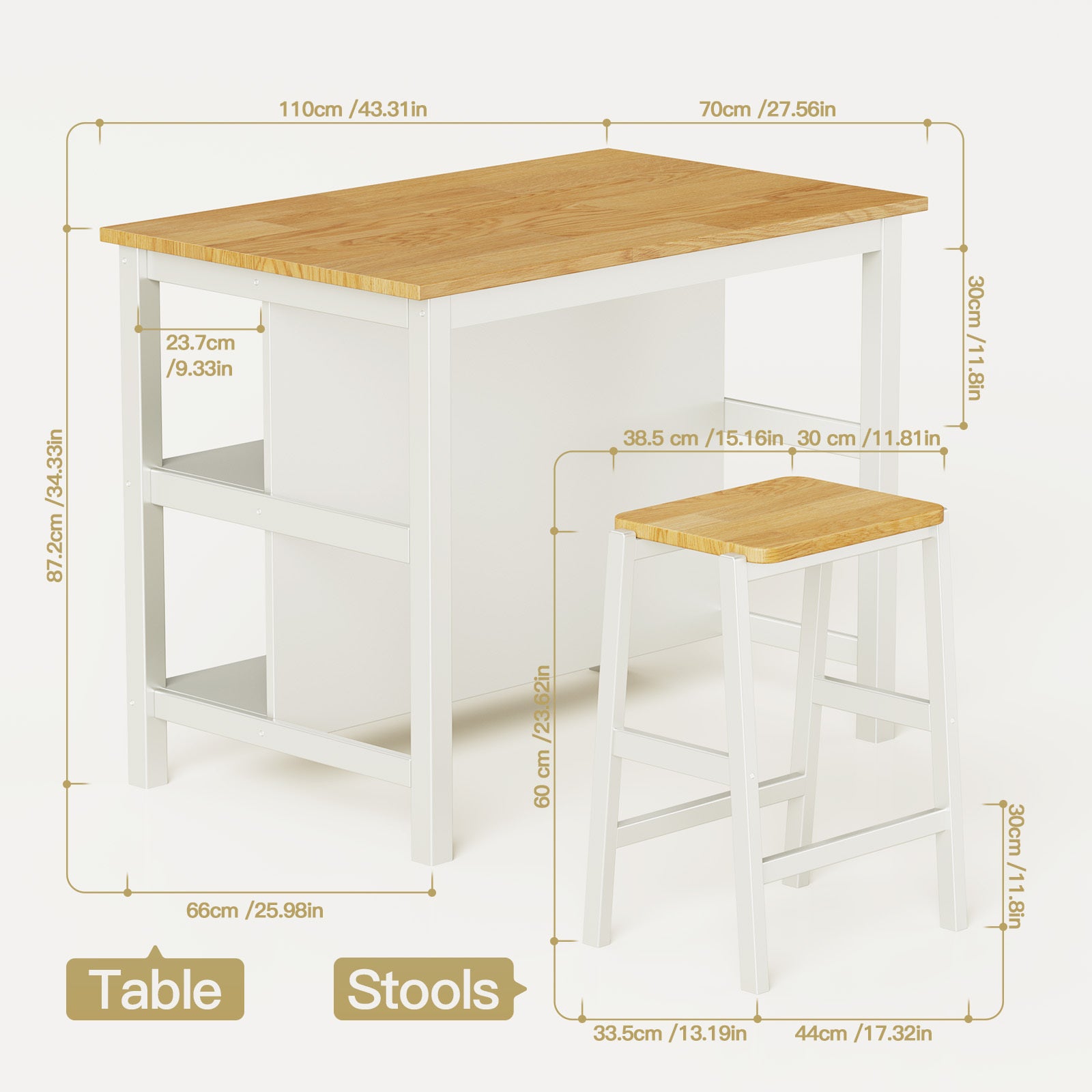 3 Pcs Dining Table Set Rustic Retro Breakfast Table Dining Stools Rubber Wood For 2 With Two Open Shelves For Small Space Kitchen Dining Room Cream White White Rubber Wood