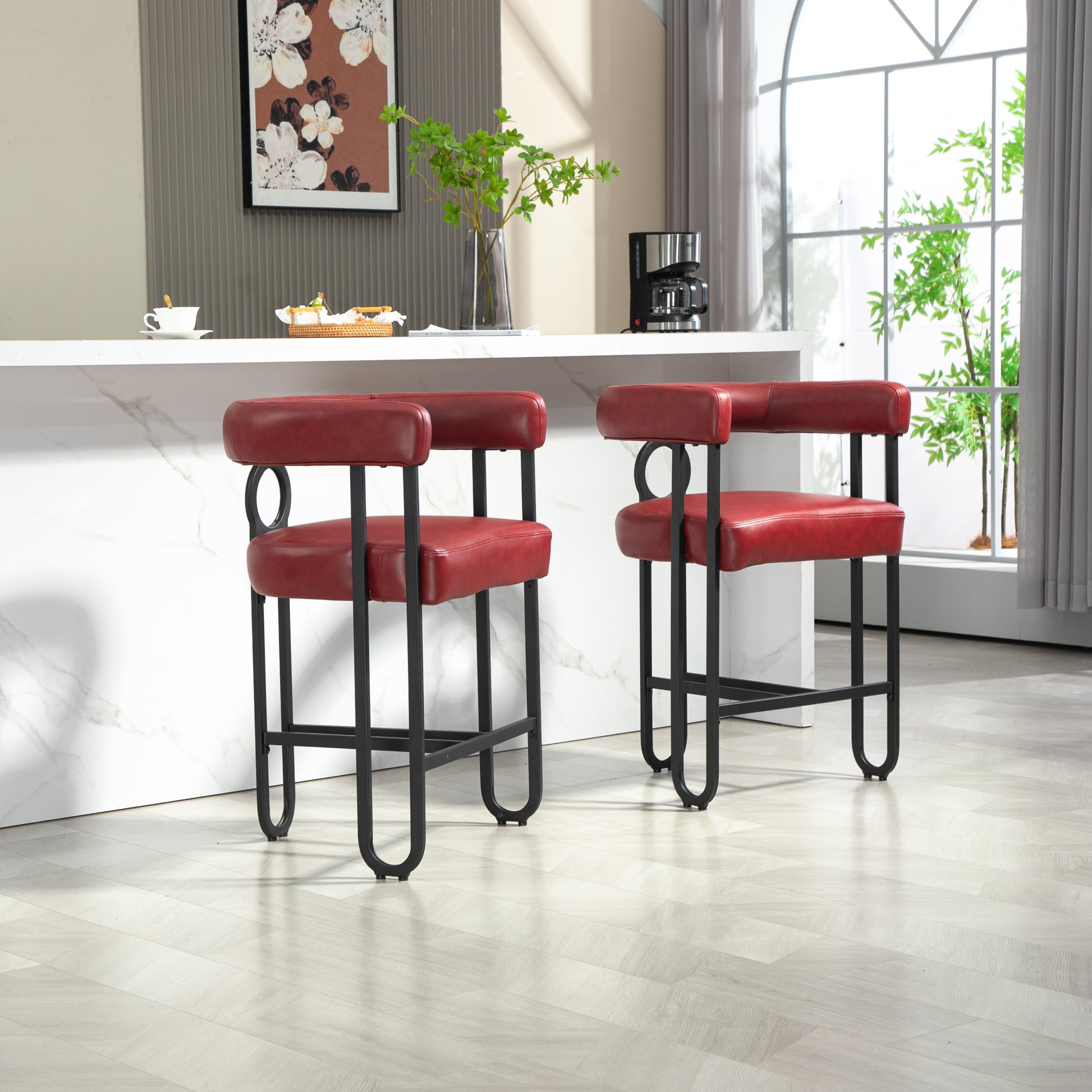 Coolmore Bar Stools Set Of 2, Modern Bar Stool With Back, Black Metal Frames, Upholstered Bar Stools For Kitchen Island, Pub, Club Wine Red Pu Wine Red Dining Room Foam Pu Leather