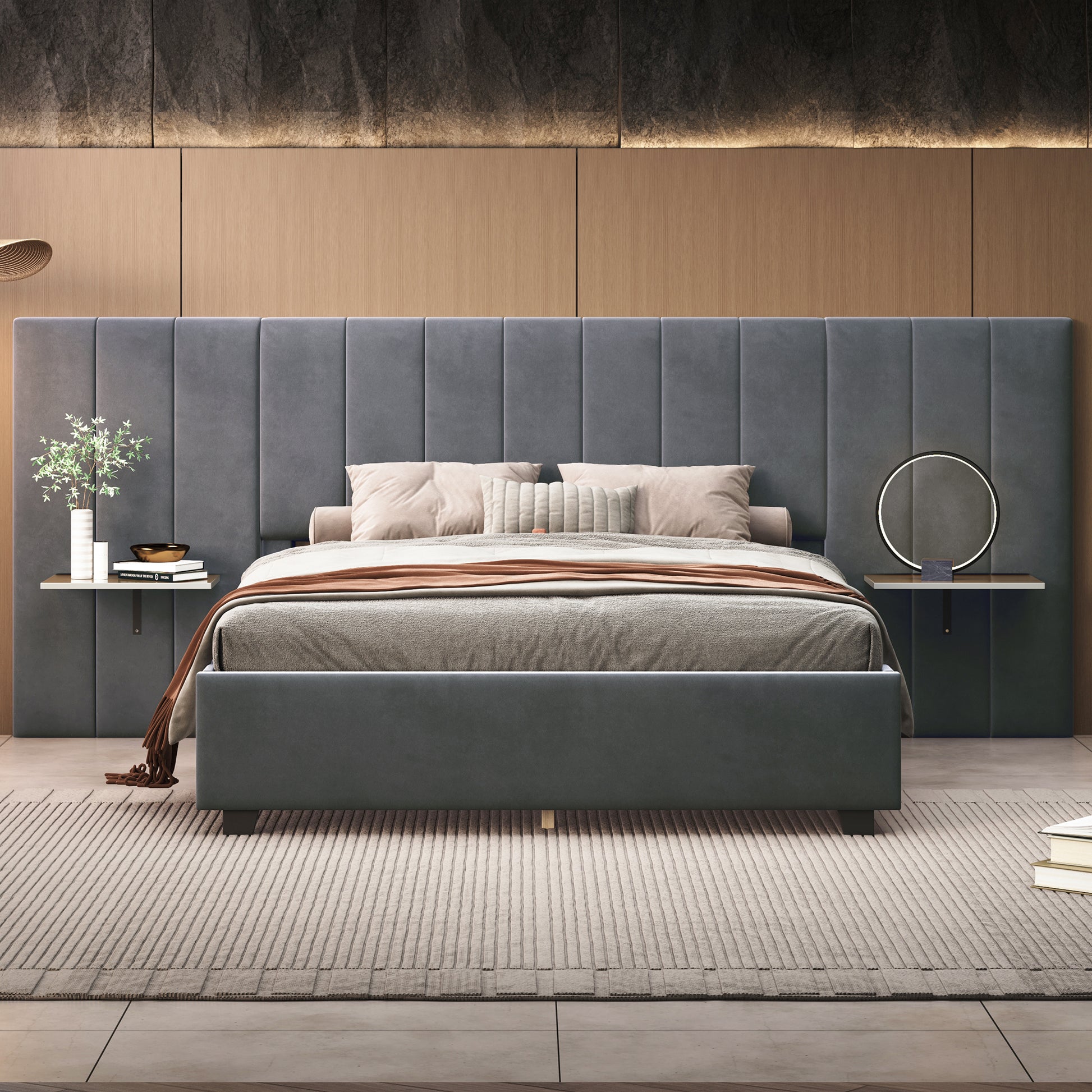 Full Size Upholstered Platform Bed With Big Headboard, Bedroom Furniture, Velvet, Gray Full Gray Plywood