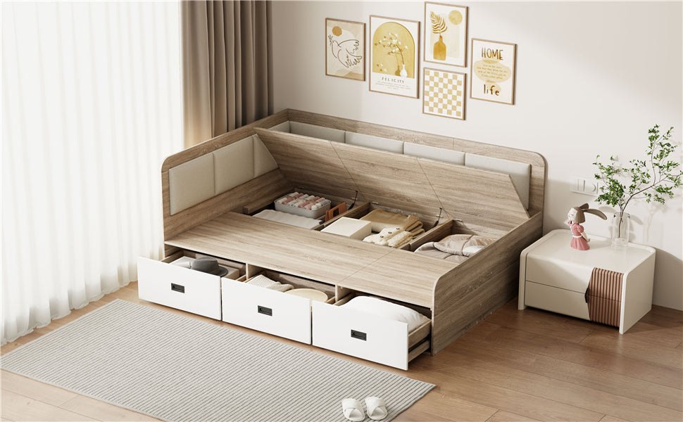 Full Size Daybed With Three Drawers And Three Storage Compartments, Nature Beige Full Beige Natural Mdf