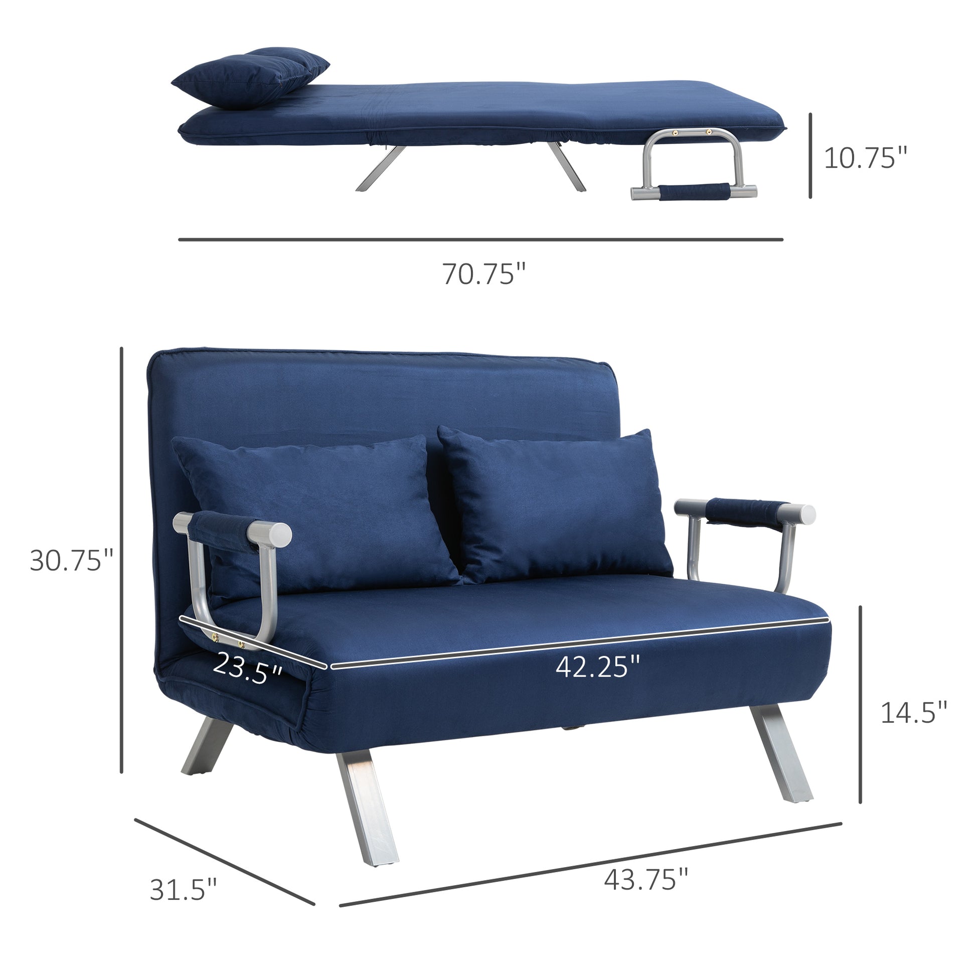 Homcom Convertible Sofa Bed Sleeper Chair, 5 Position Adjustable Backrest, Armchair Sleeper With Pillows, Leisure Chaise Lounge Couch, Blue Blue Steel 2 Seat