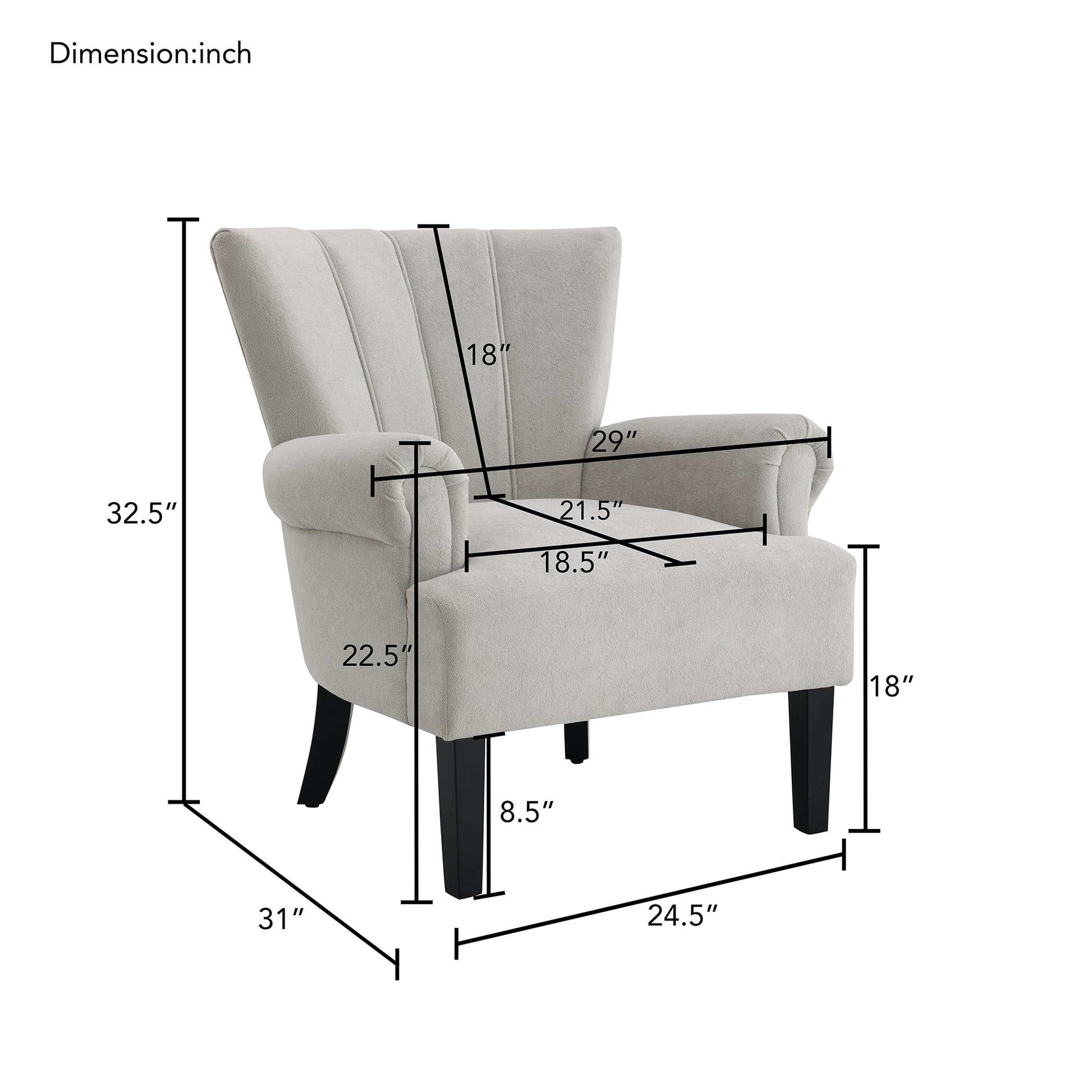 Modern Accent Living Room Chairs,Polyester Armchair Club Chair With Channel Back, Accent Chair For Living Room, Bedroom Reading Room, Soft Fabric, Wooden Leg, Light Grey Grey Primary Living Space Modern Foam Plywood