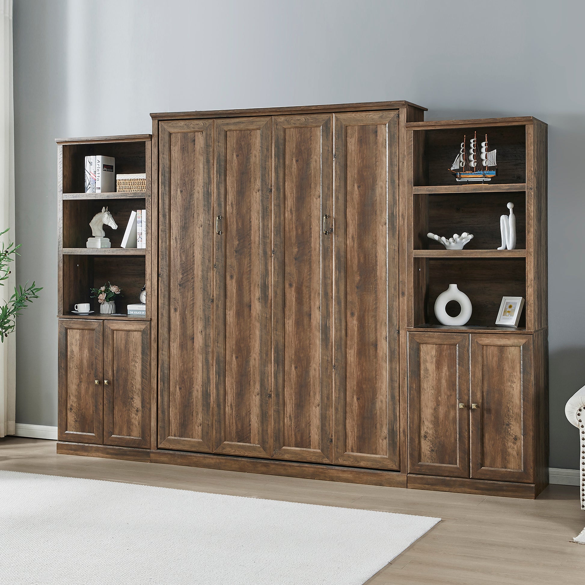 Queen Size Half Self Close And Open Murphy Bed With 2 Side Cabinet Storage Shelf, Cabinet Space Saving Bed Perfect For Guest Room, Bed Room, Guest Room, Home Office, Brown Box Spring Not Required Queen Brown Wood Brown Pine Murphy Solid Wood Mdf