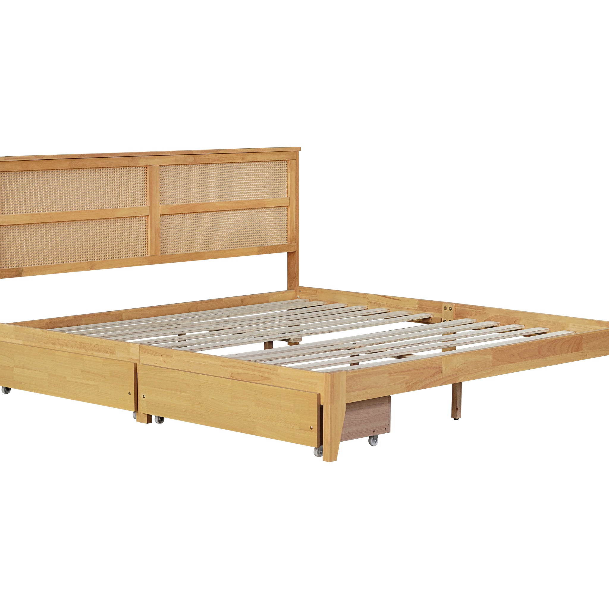 King Size Bed With Rattan Headboard, Two Storage Drawers, Rubber Wood Bed With Enhanced Support Salts And Feet,White Oak King White Oak Rubber Wood