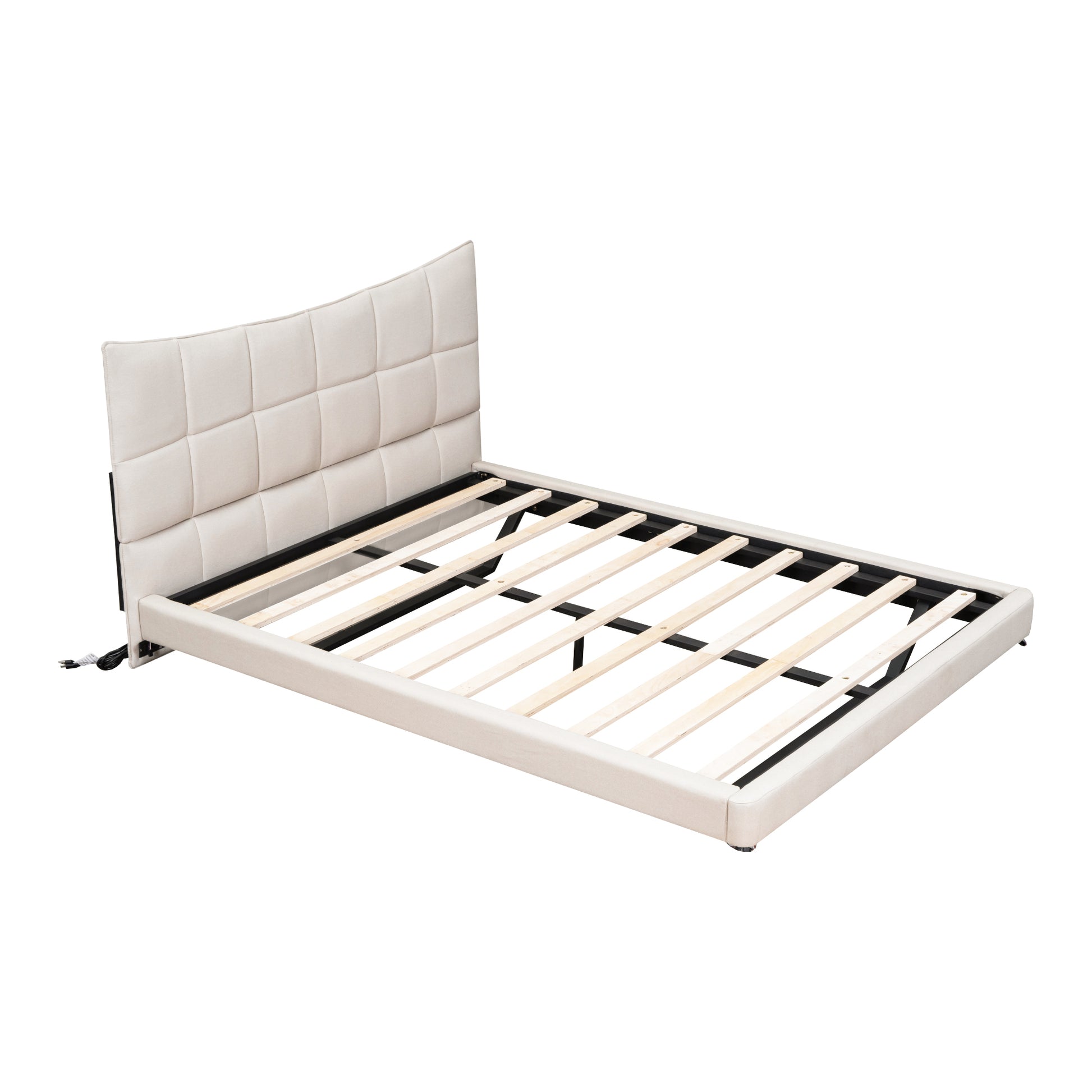 Full Size Upholstered Platform Bed With Led Lights,Usb Ports And Outlets,Linen Fabric,Beige Full Beige Wood Metal