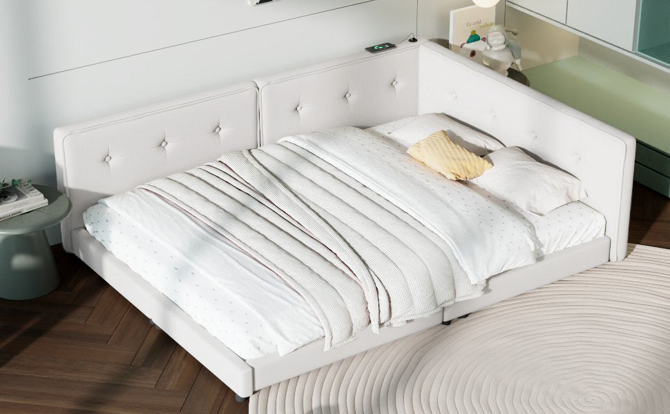 Upholstered Full Size Platform Bed With Usb Ports, Beige Full Beige Linen