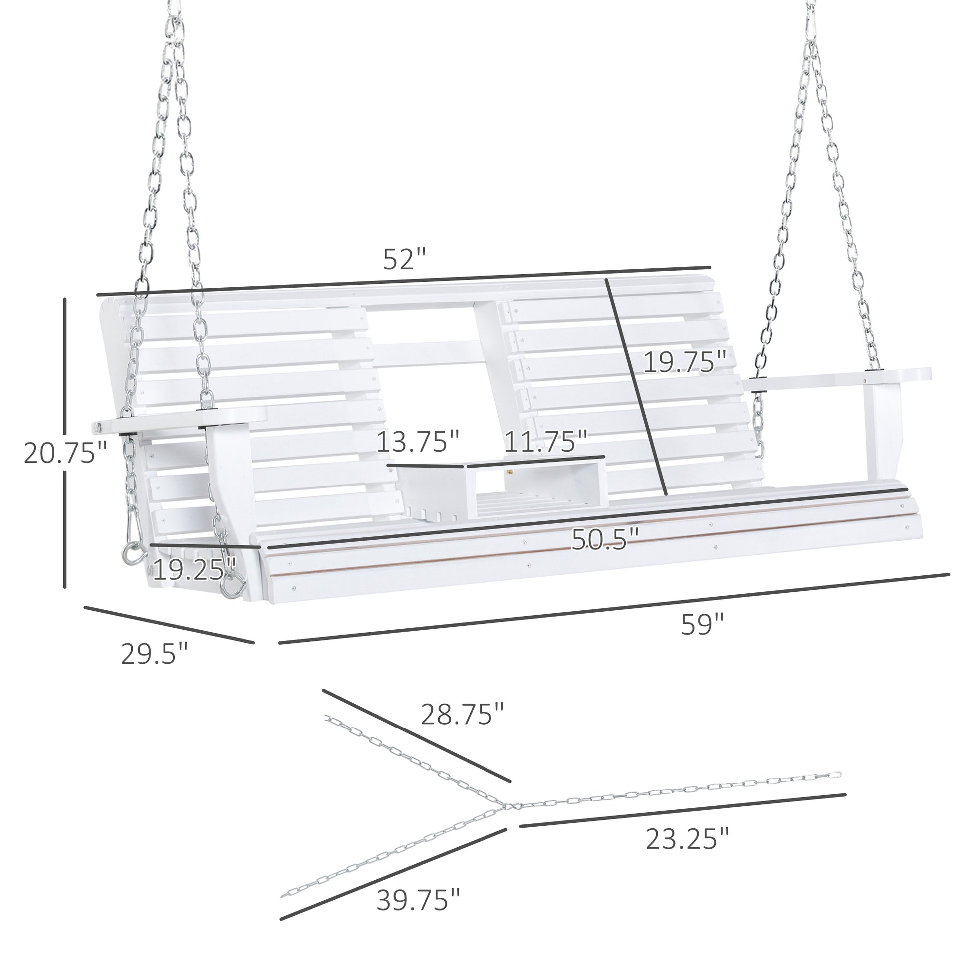 Outsunny 3 Seater Wooden Porch Swing, Patio Swing Bench With Folding Coffee Table, Cup Holders And Chains Included, 440Lbs Weight Capacity, White White Wood