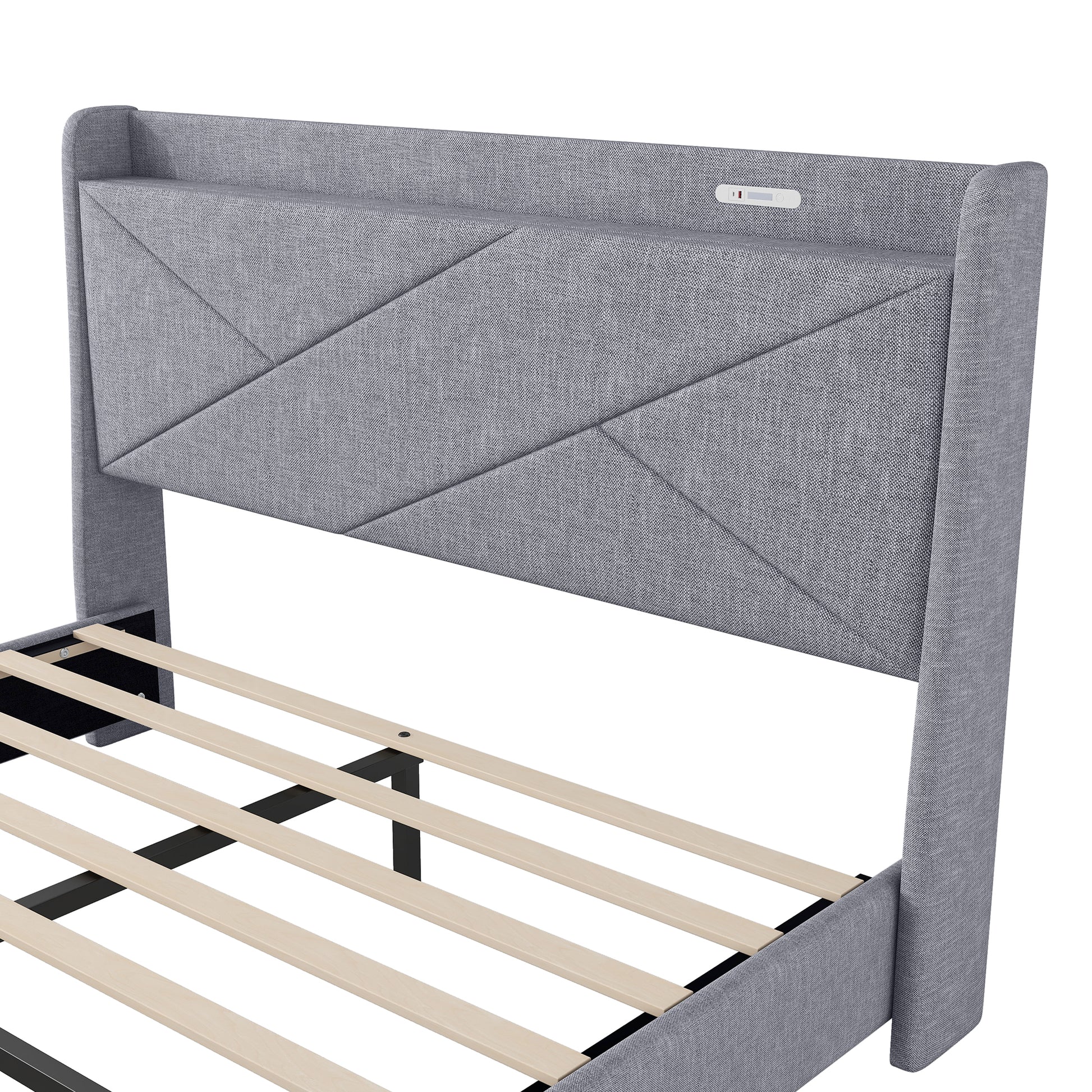 Queen Size Upholstery Platform Bed With Storage Headboard, Led, Usb Charging And 2 Drawers, Gray Queen Gray Upholstered