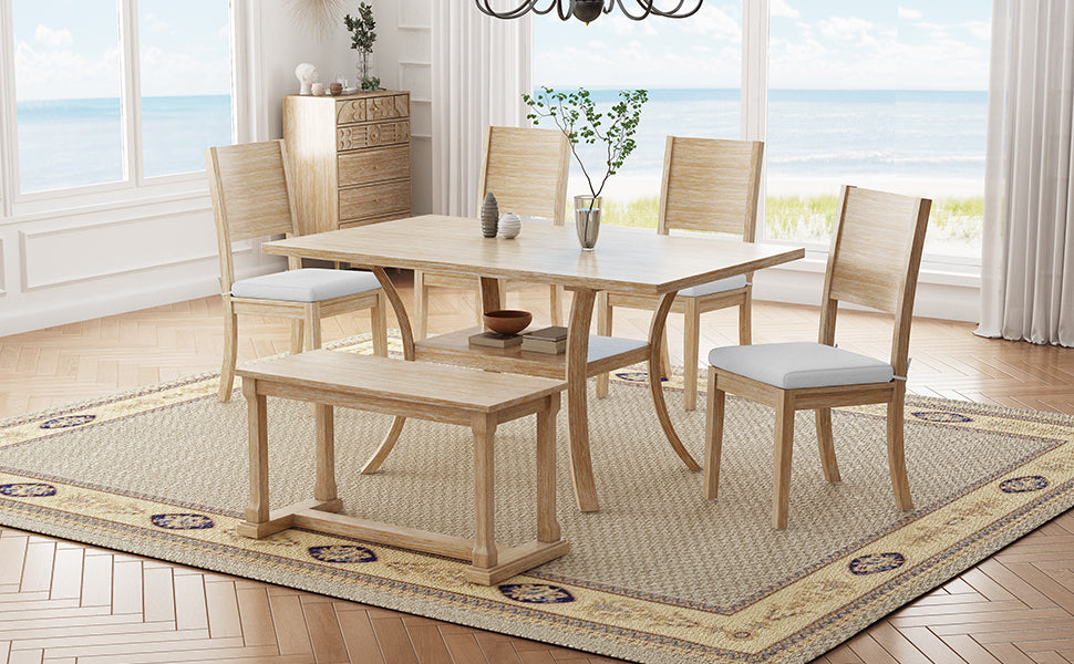 6 Piece Wood Dining Table Set With Storage Shelf And Curved Legs, Kitchen Table Set With Bench And 4 Removable Cushions Dining Chairs, Modern Style, Natural Beige Cushion Wood Dining Room Distressed Finish Rubberwood Rectangular Dining Table With Bench