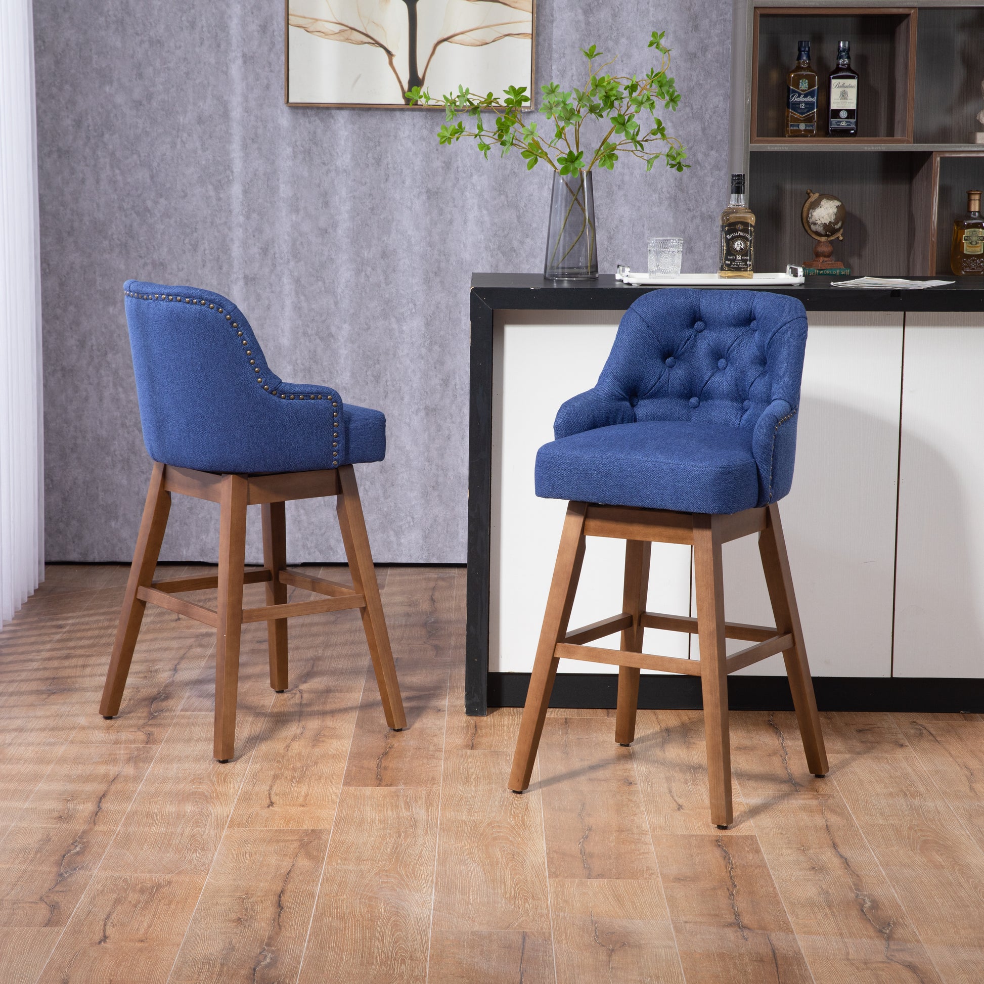 Coolmore Bar Stools Set Of 2 Counter Height Chairs With Footrest For Kitchen, Dining Room And 360 Degree Solid Wood Legs Swivel Bar Stools Set Of 2 Navy Linen Navy Foam Linen