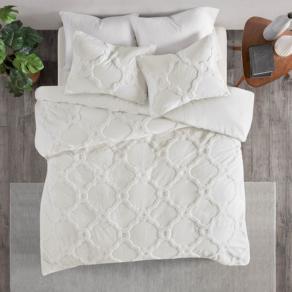 3 Piece Tufted Cotton Chenille Geometric Comforter Set Off White Full Queen Full Off White Cotton