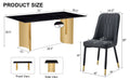 Table And Chair Set.The Table Has A Glass Top With Imitation Marble Pattern Stickers And Stainless Steel Golden Legs. Paried With Chairs With Pu Artificial Leather Backrest Cushions And Black Legs. Black Gold Seats 6 Glass Metal