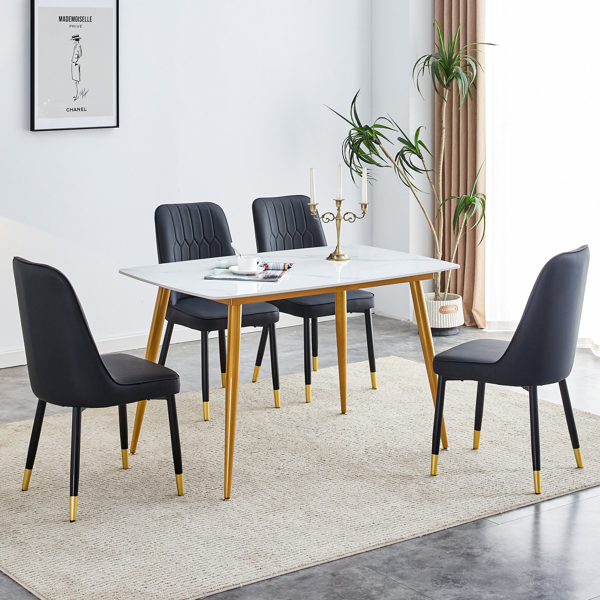 Table And Chair Set.A Morden Table With White Imitation Marble Patterned Stone Burning Tabletop With Golden Metal Legs.Paried With 4 Chairs With Pu Leather Backrest And Black Metal Legs. Black,White Gold Seats 4 Metal,Sintered Stone